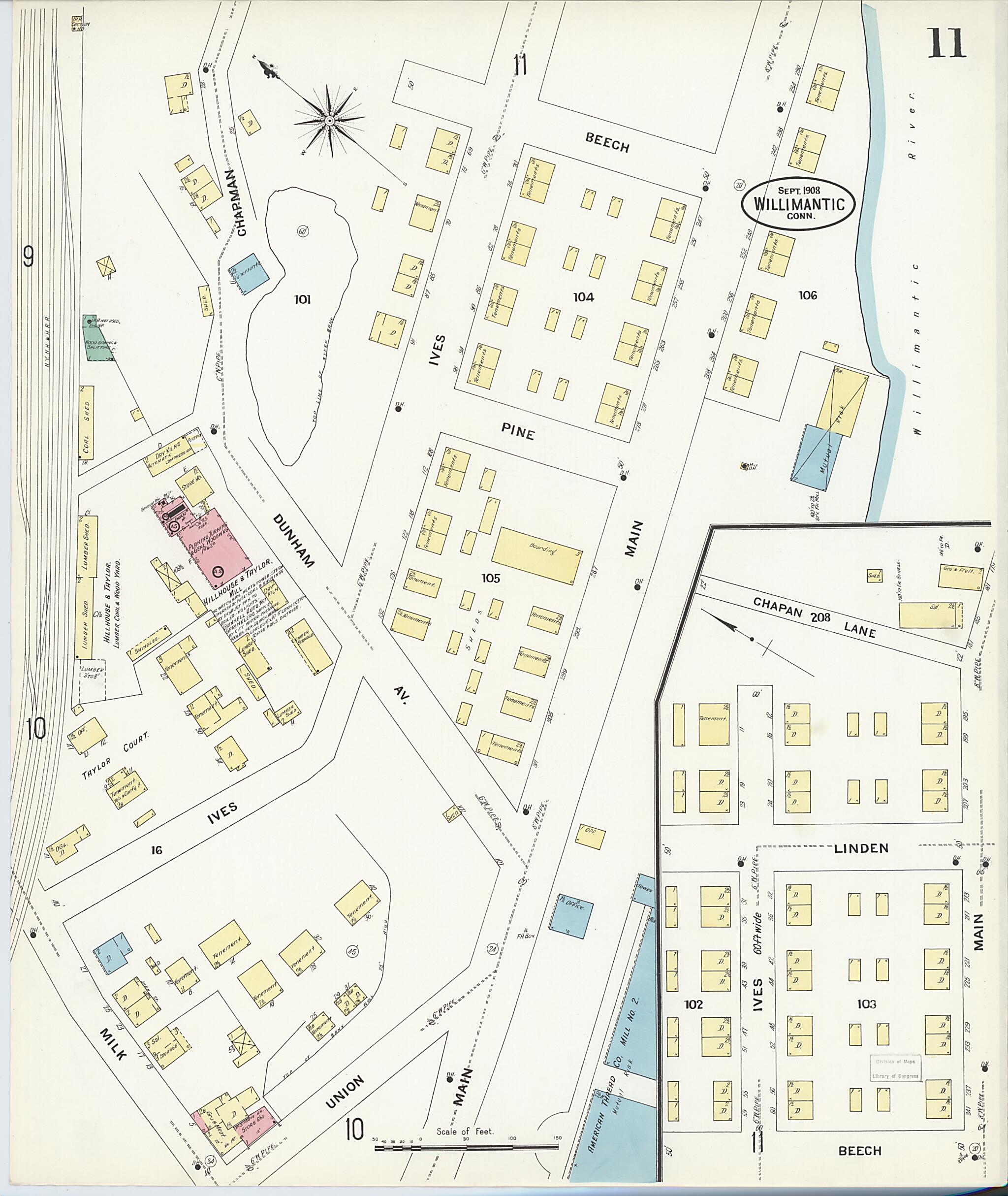 This old map of Willimantic, Windham County, Connecticut was created by Sanborn Map Company in 1908