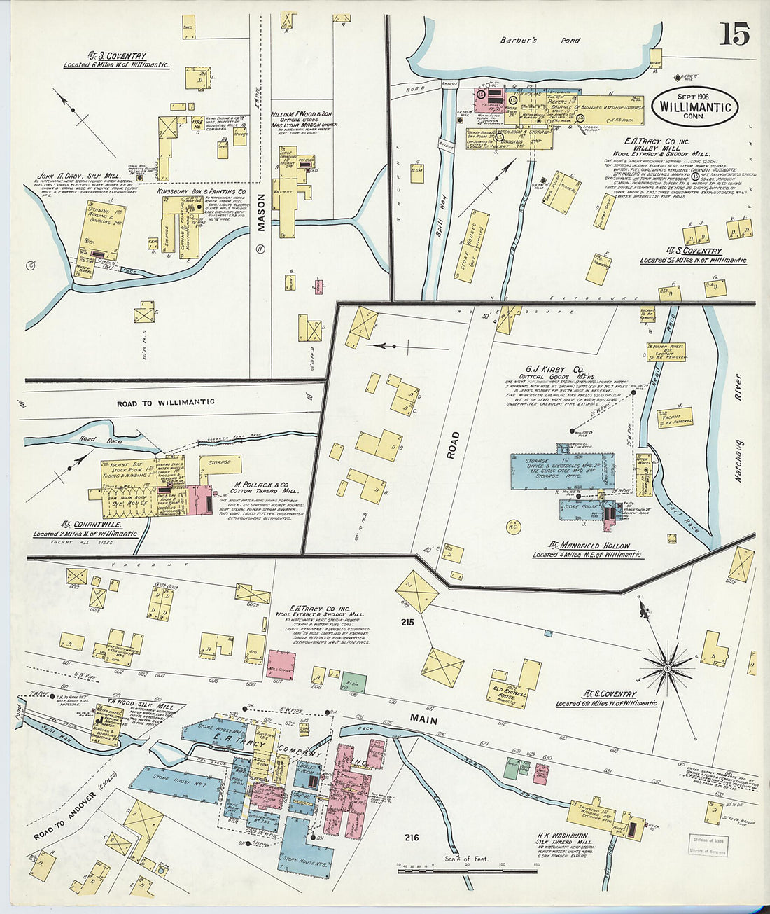 This old map of Willimantic, Windham County, Connecticut was created by Sanborn Map Company in 1908