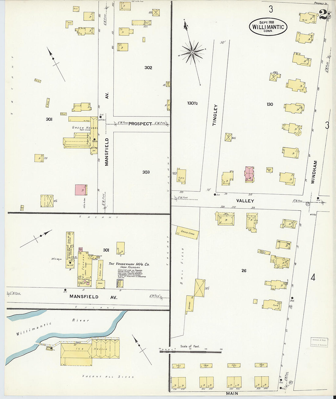 This old map of Willimantic, Windham County, Connecticut was created by Sanborn Map Company in 1908