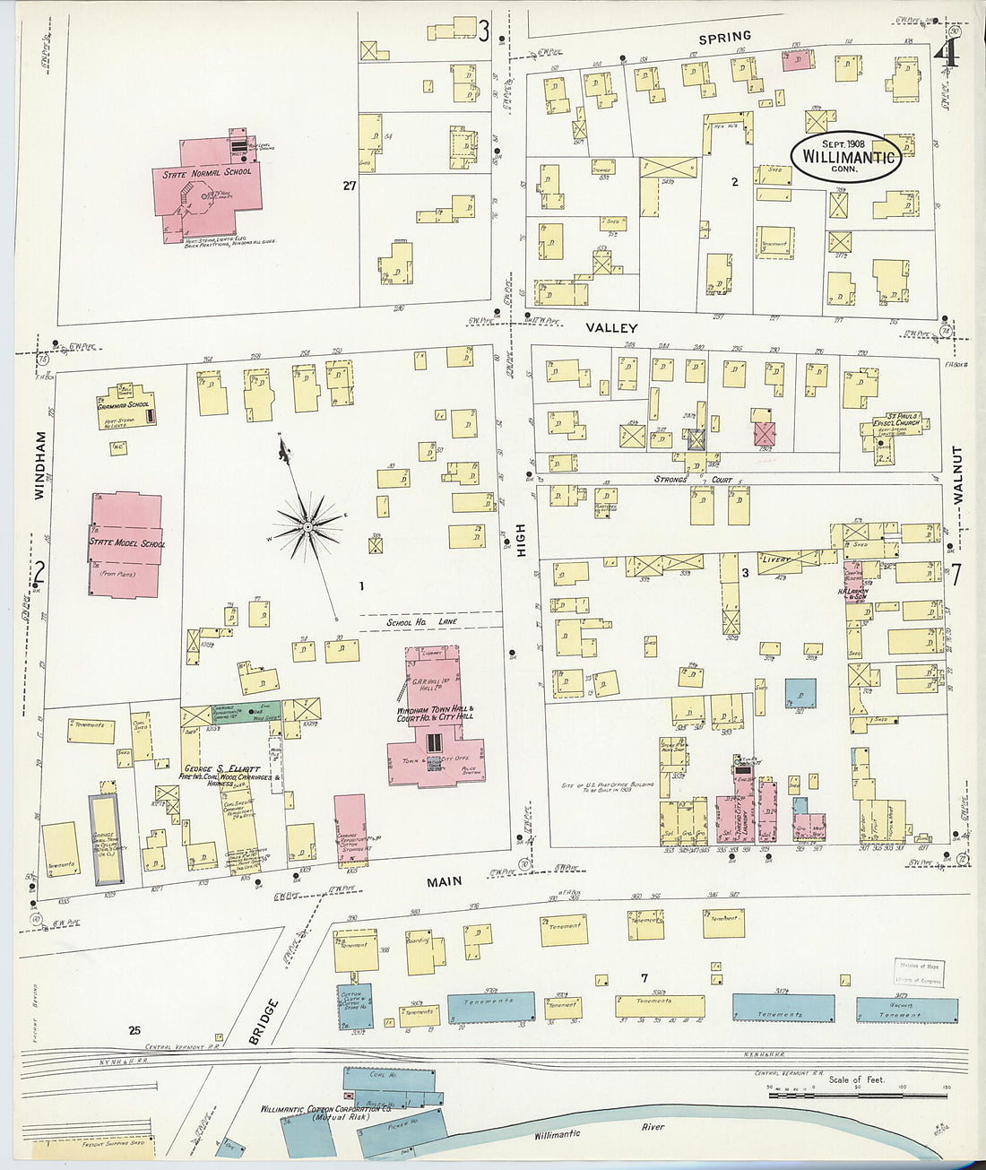 This old map of Willimantic, Windham County, Connecticut was created by Sanborn Map Company in 1908