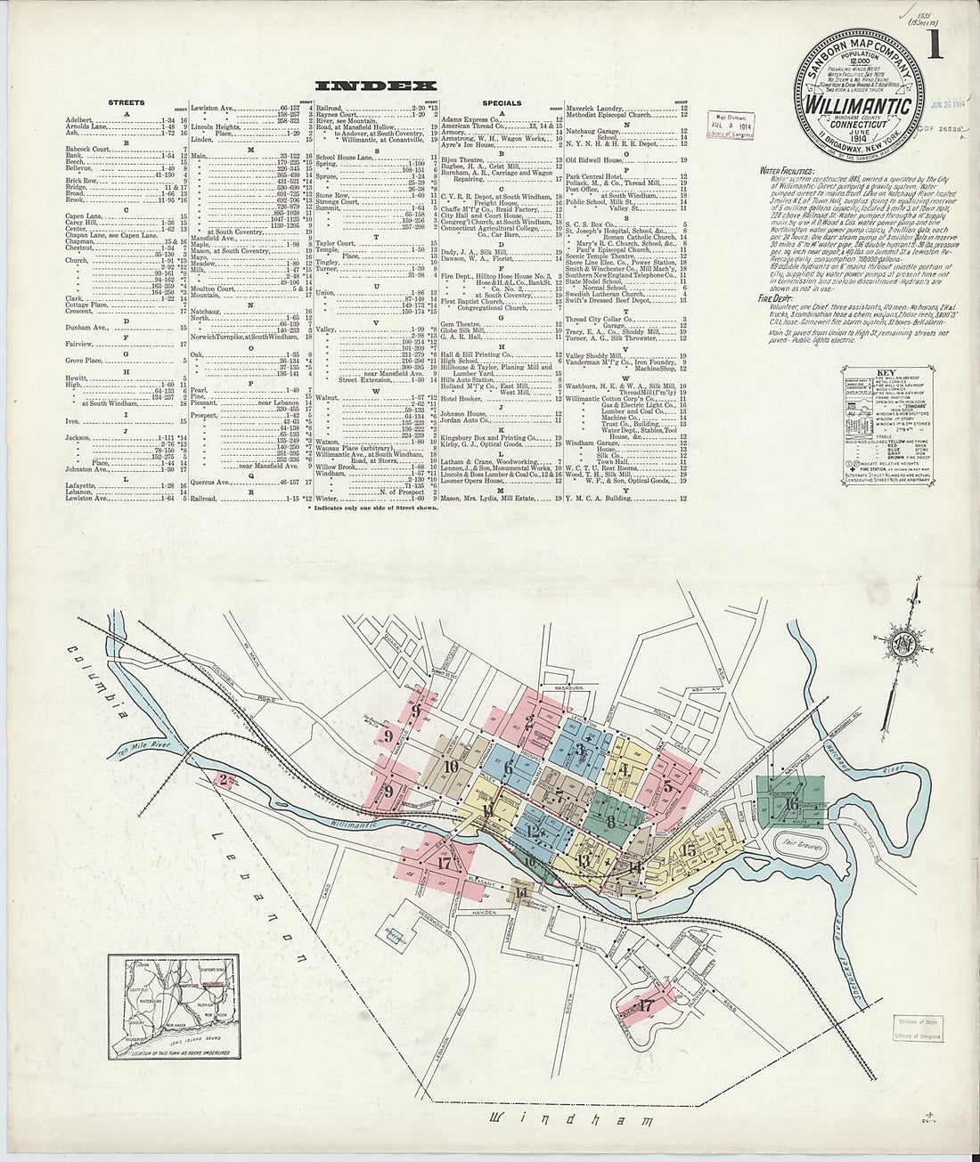 This old map of Willimantic, Windham County, Connecticut was created by Sanborn Map Company in 1914