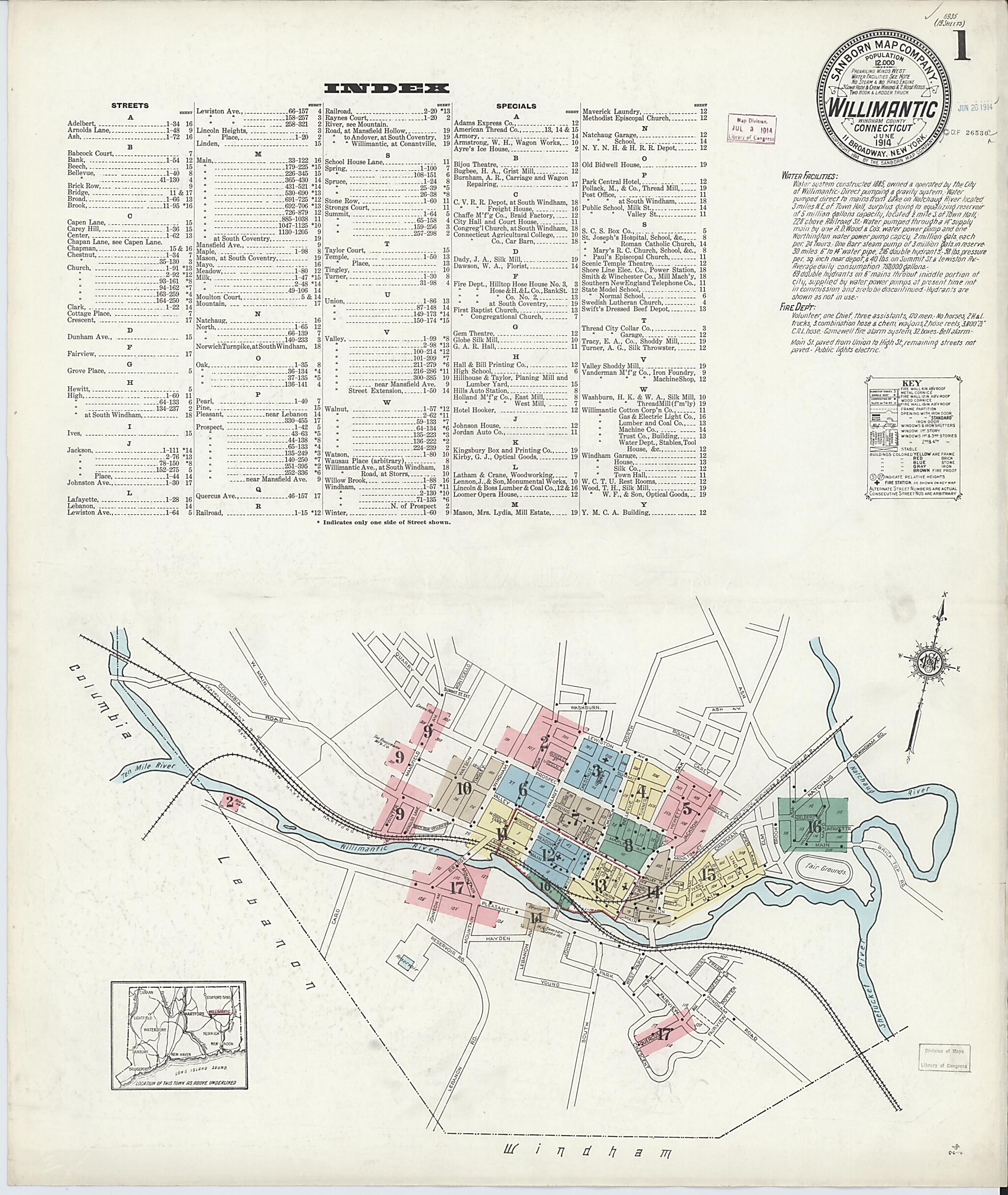 This old map of Willimantic, Windham County, Connecticut was created by Sanborn Map Company in 1914
