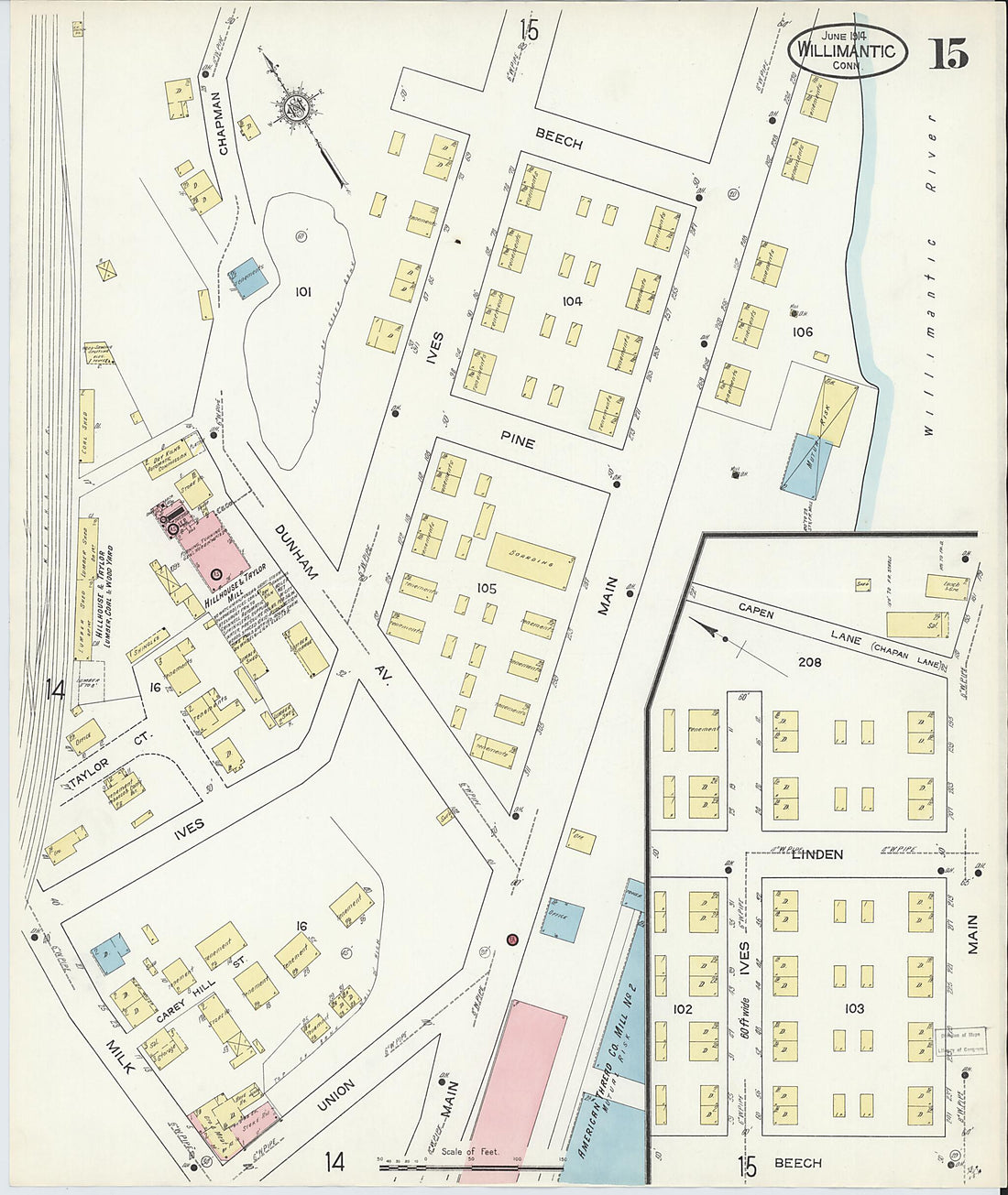 This old map of Willimantic, Windham County, Connecticut was created by Sanborn Map Company in 1914