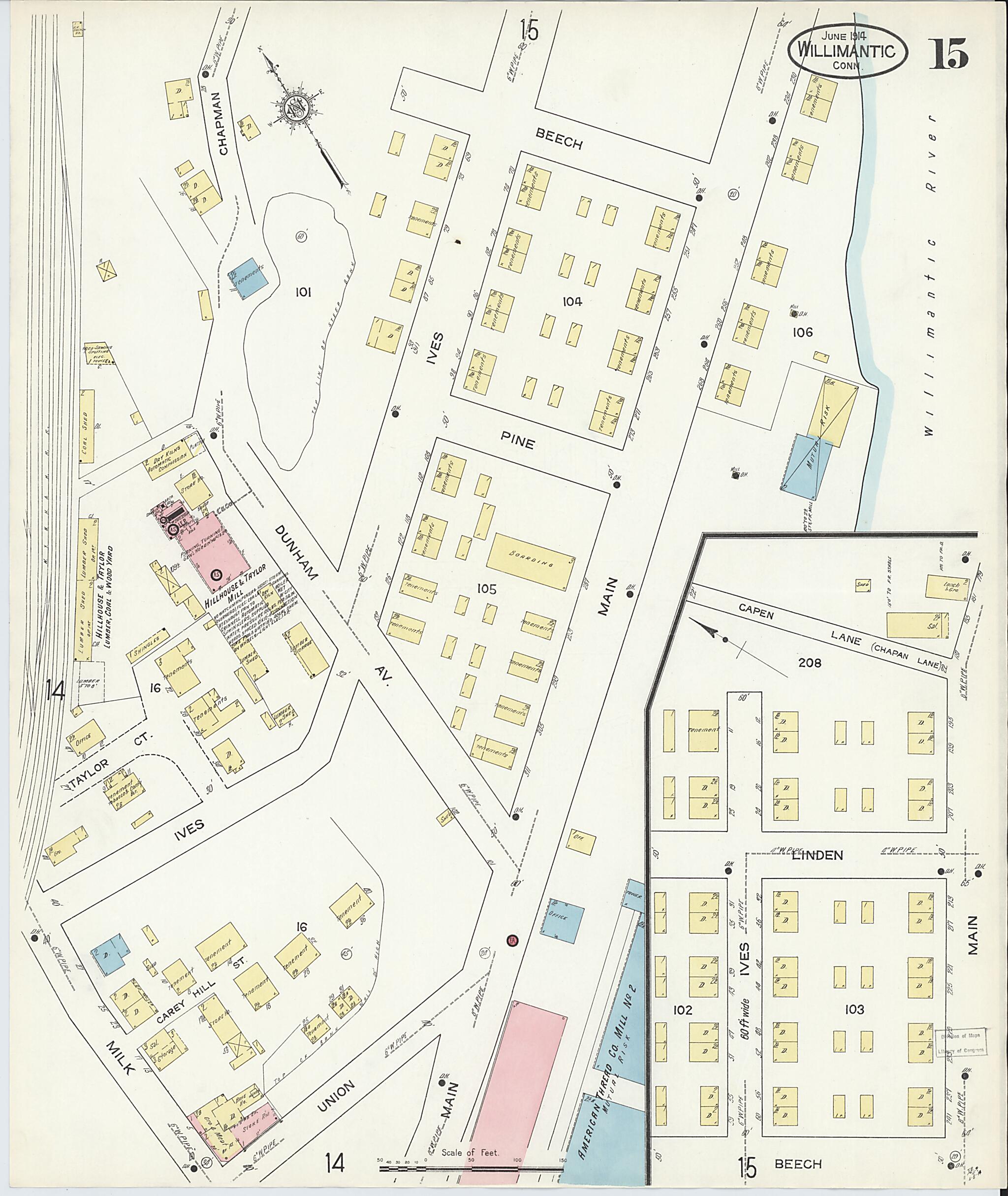 This old map of Willimantic, Windham County, Connecticut was created by Sanborn Map Company in 1914