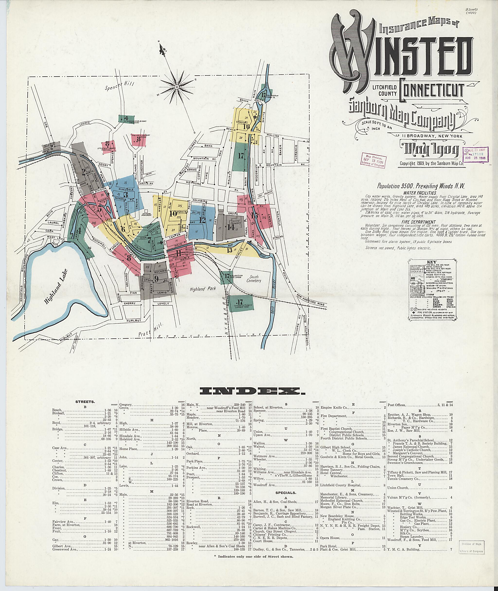 This old map of Winsted, Litchfield County, Connecticut was created by Sanborn Map Company in 1909