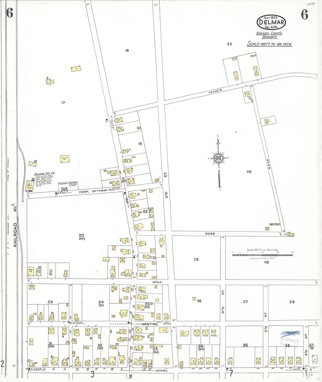 This old map of Delmar, Wicomico County, Maryland was created by Sanborn Map Company in 1923