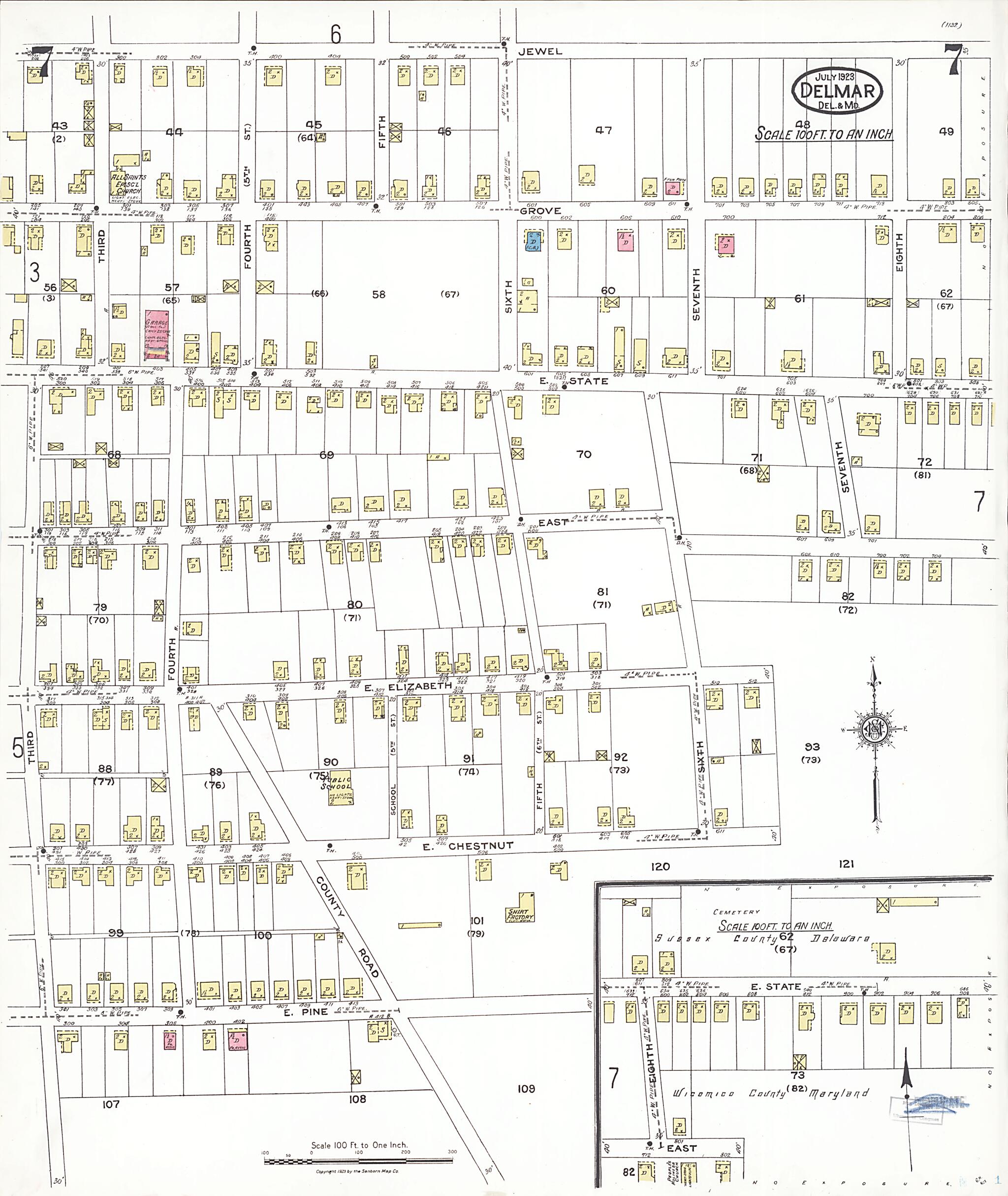 This old map of Delmar, Wicomico County, Maryland was created by Sanborn Map Company in 1923