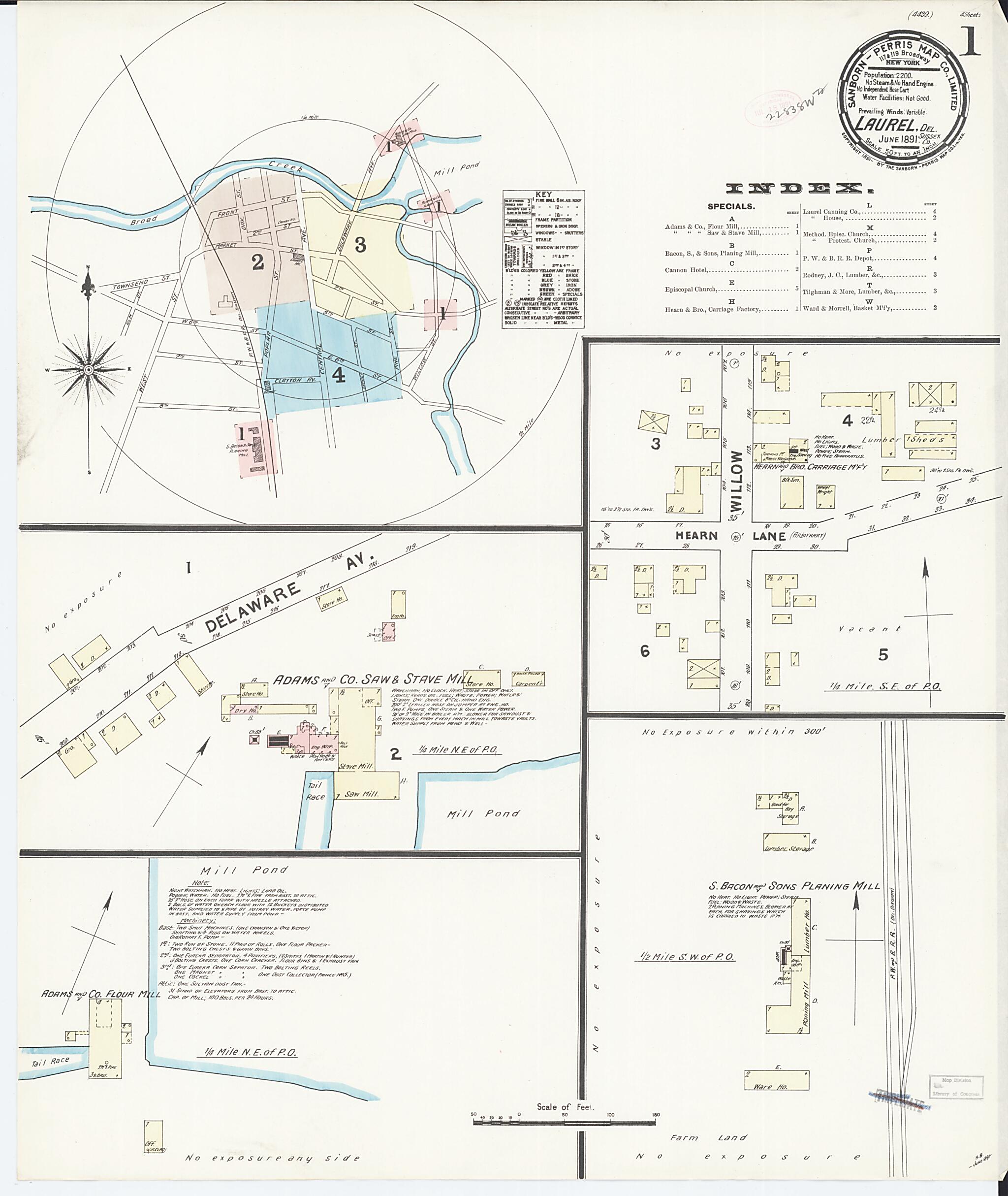 This old map of Laurel, Sussex County, Delaware was created by Sanborn Map Company in 1891