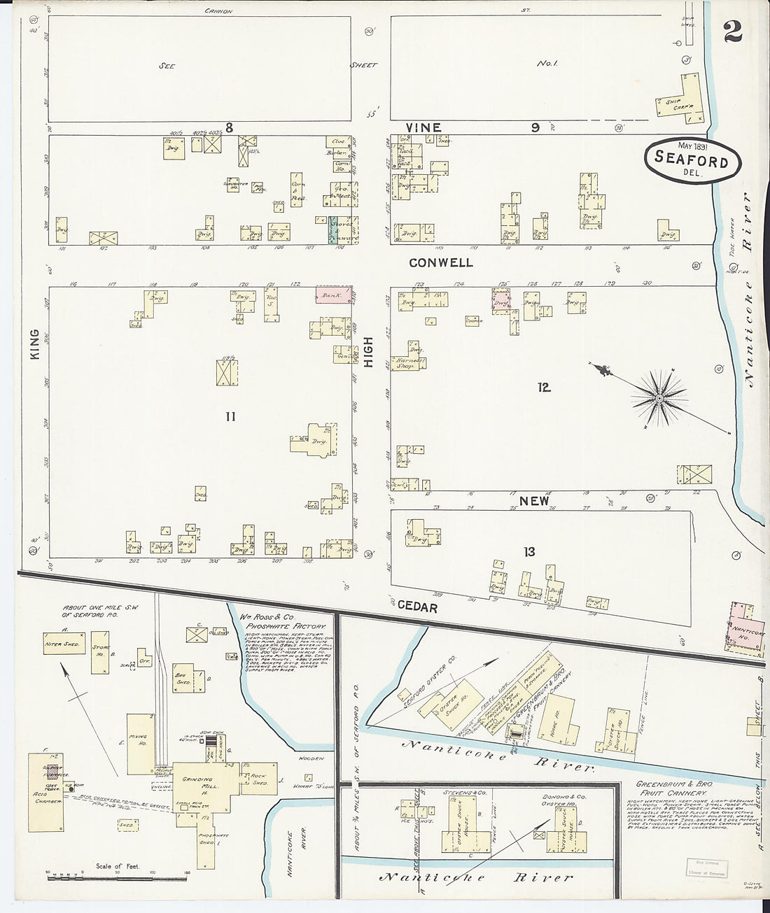 This old map of Seaford, Sussex County, Delaware was created by Sanborn Map Company in 1891