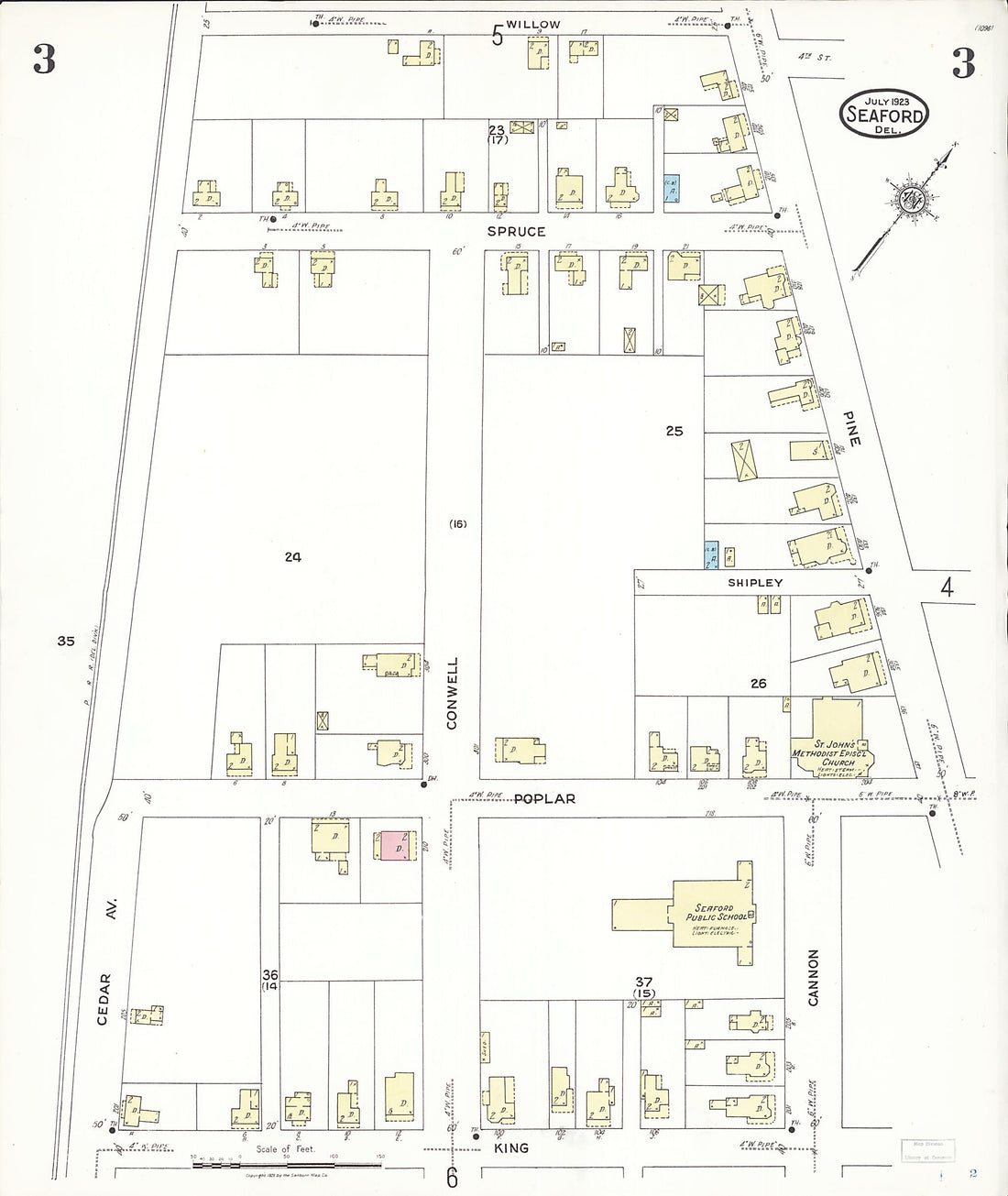 This old map of Seaford, Sussex County, Delaware was created by Sanborn Map Company in 1923