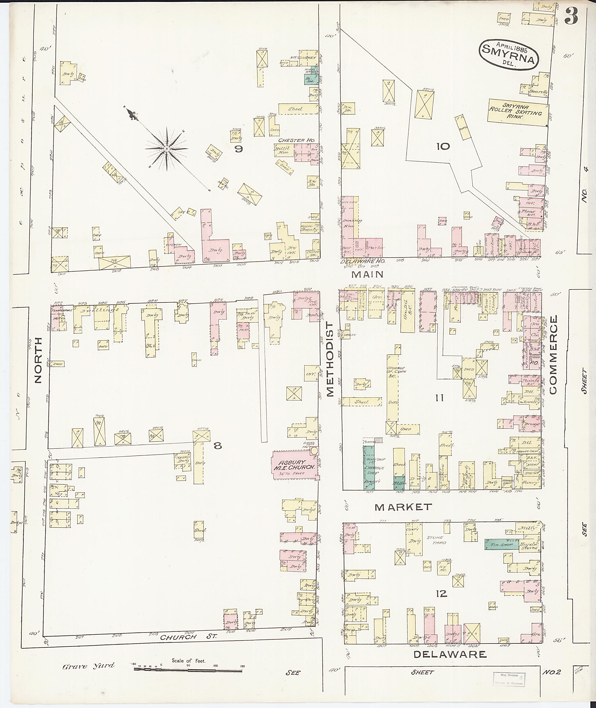 This old map of Smyrna, Kent County, Delaware was created by Sanborn Map Company in 1885