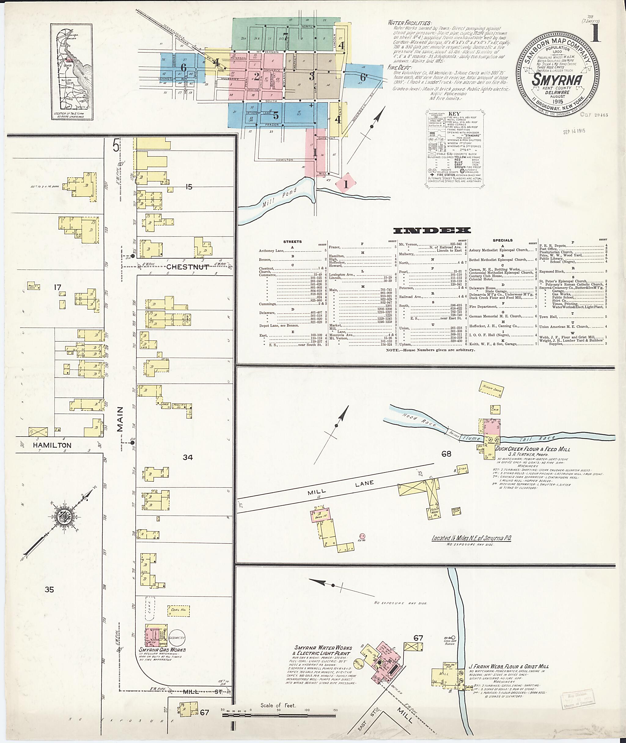 This old map of Smyrna, Kent County, Delaware was created by Sanborn Map Company in 1915