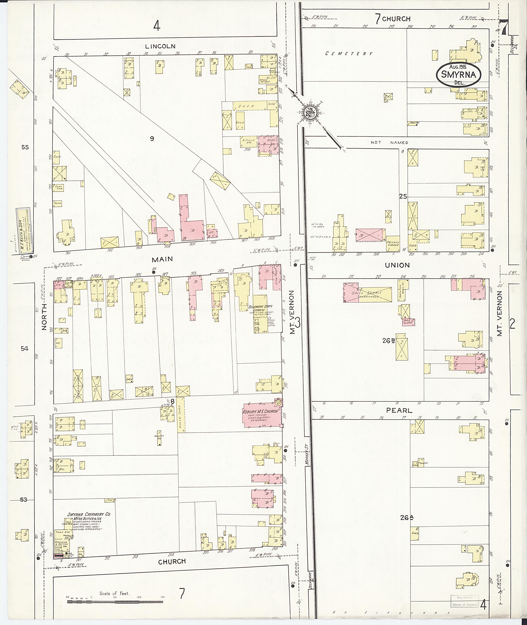 This old map of Smyrna, Kent County, Delaware was created by Sanborn Map Company in 1915
