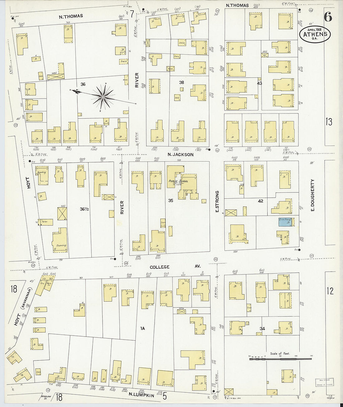 This old map of Athens, Clarke County, Georgia was created by Sanborn Map Company in 1908