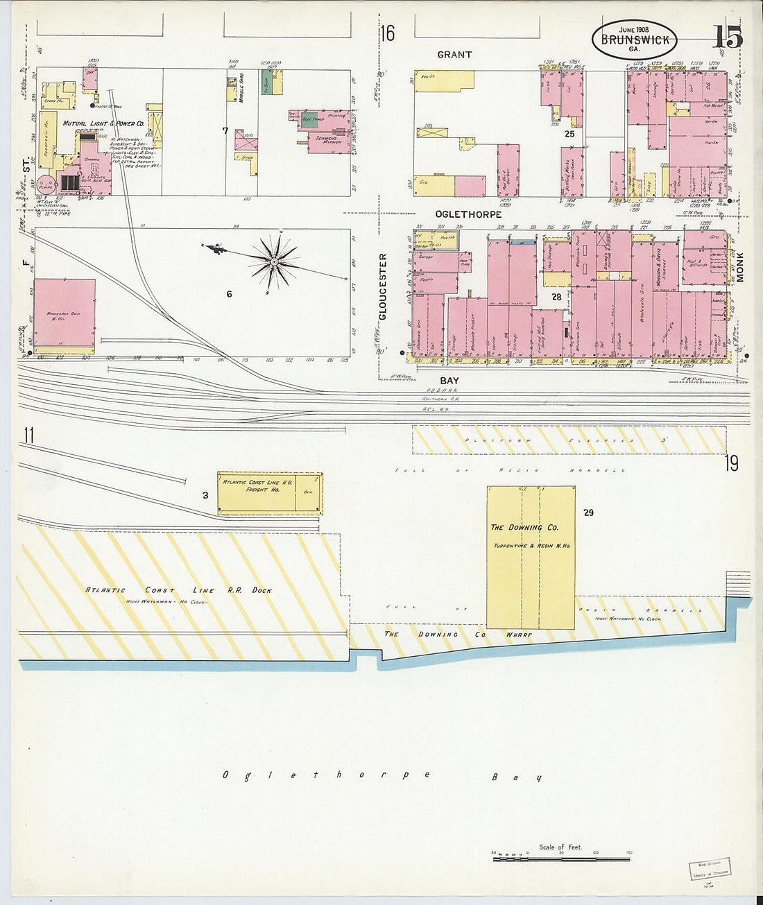 This old map of Brunswick, Glynn County, Georgia was created by Sanborn Map Company in 1908