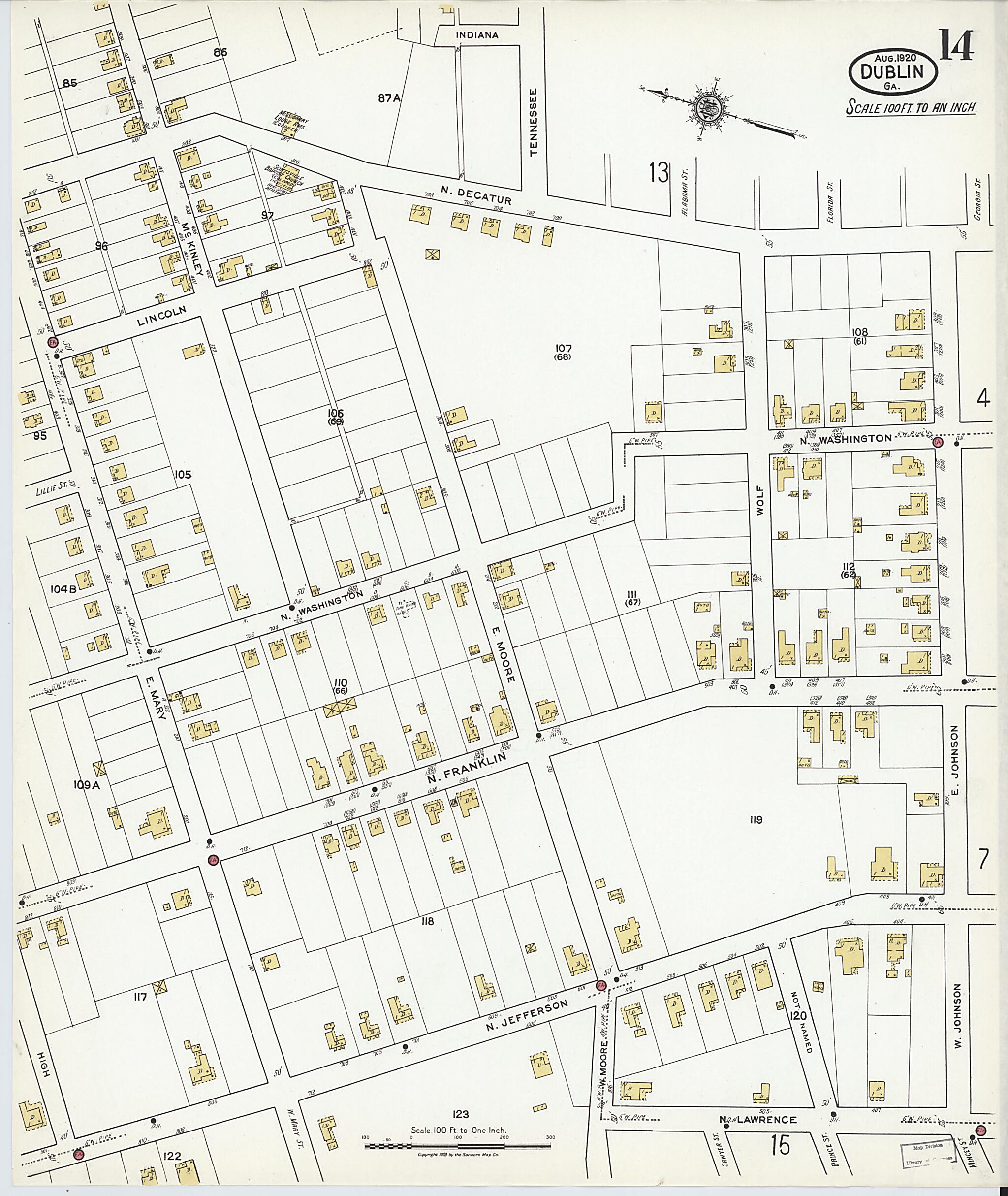 This old map of Dublin, Laurens County, Georgia was created by Sanborn Map Company in 1920