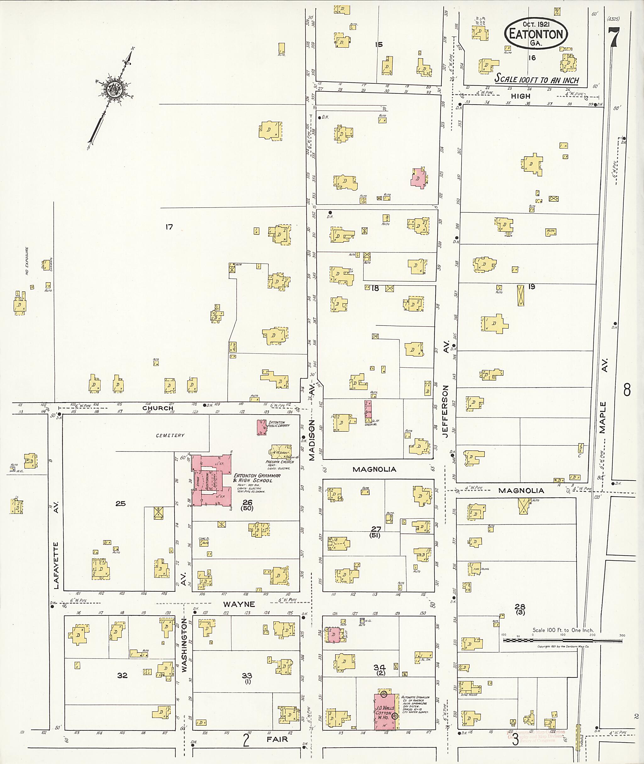 This old map of Eatonton, Putnam County, Georgia was created by Sanborn Map Company in 1921