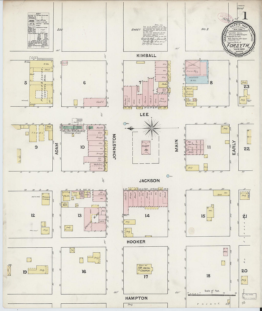 This old map of Forsyth, Monroe County, Georgia was created by Sanborn Map Company in 1890