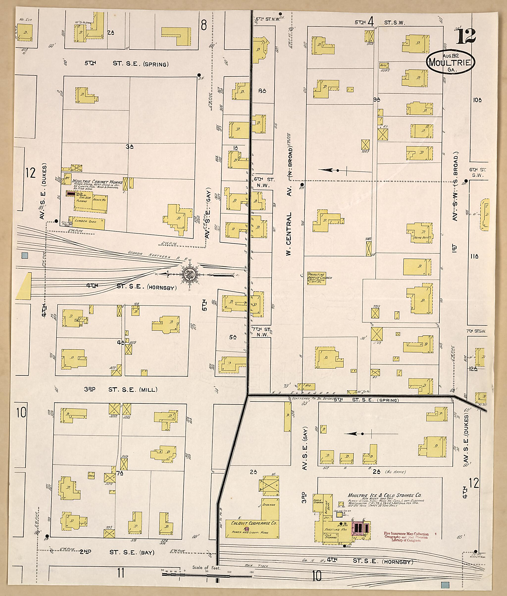 This old map of Moultrie, Colquitt County, Georgia was created by Sanborn Map Company in 1912