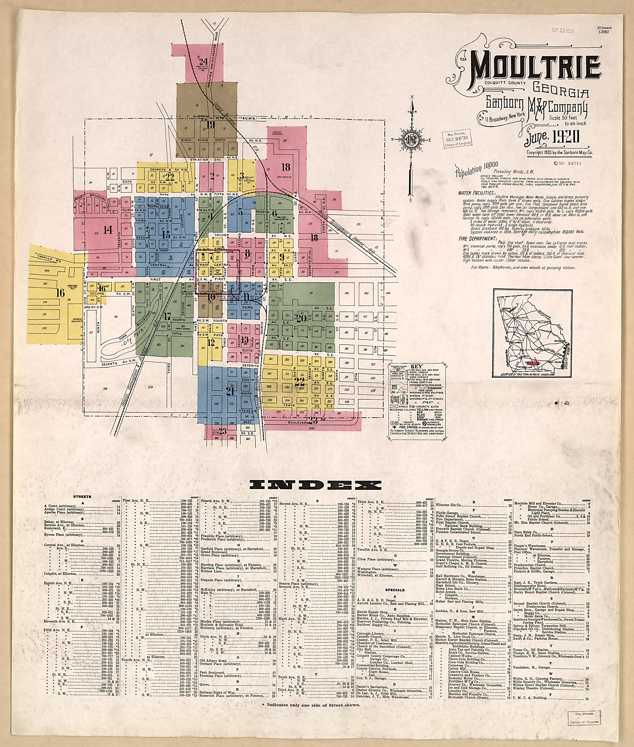 This old map of Moultrie, Colquitt County, Georgia was created by Sanborn Map Company in 1920