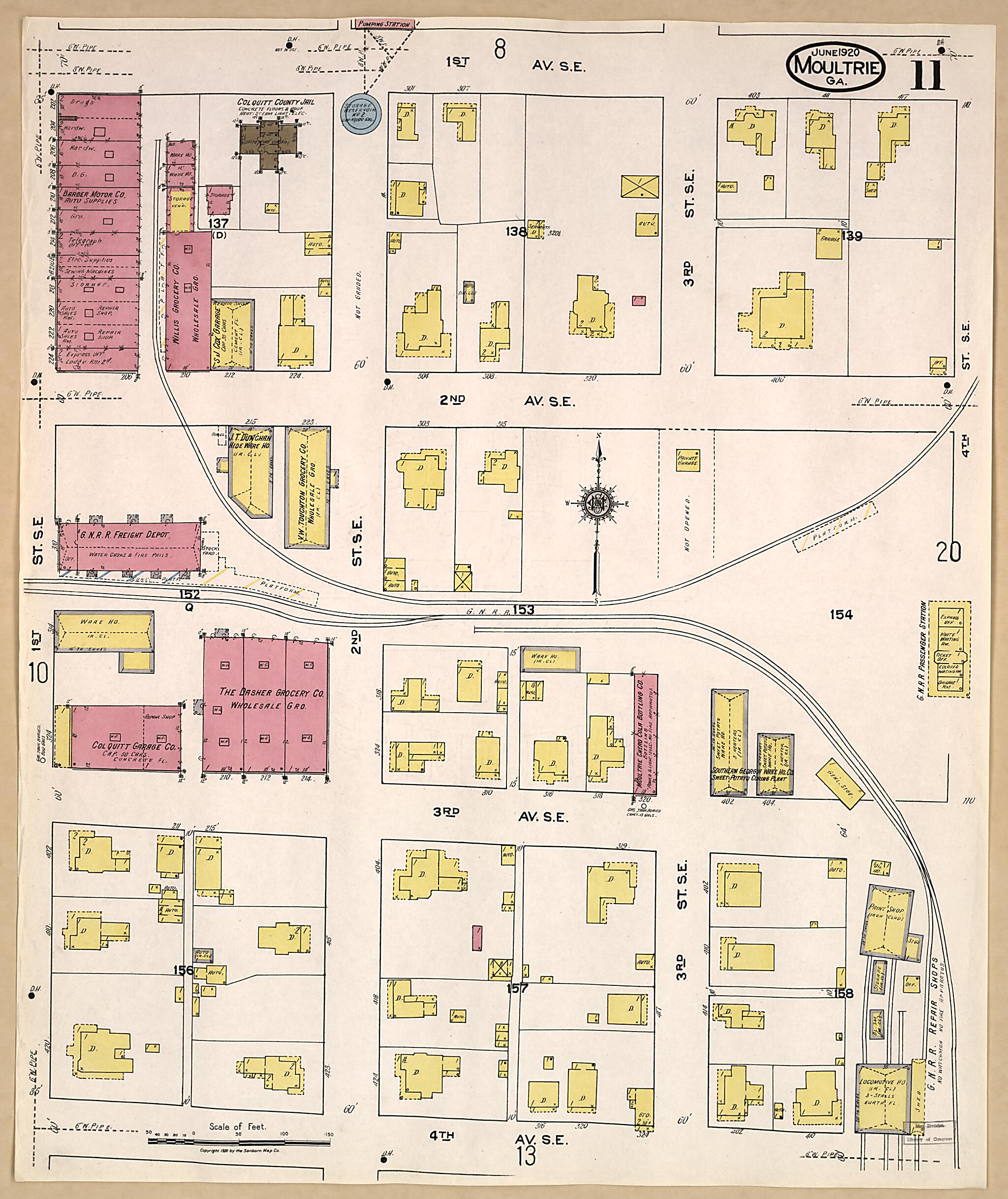 This old map of Moultrie, Colquitt County, Georgia was created by Sanborn Map Company in 1920