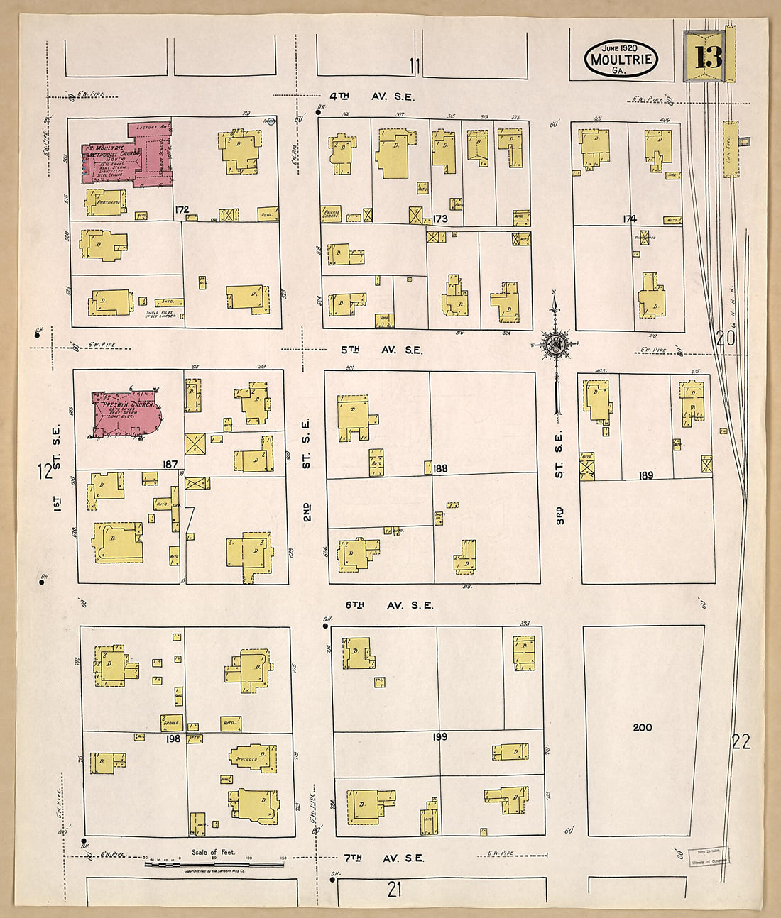 This old map of Moultrie, Colquitt County, Georgia was created by Sanborn Map Company in 1920