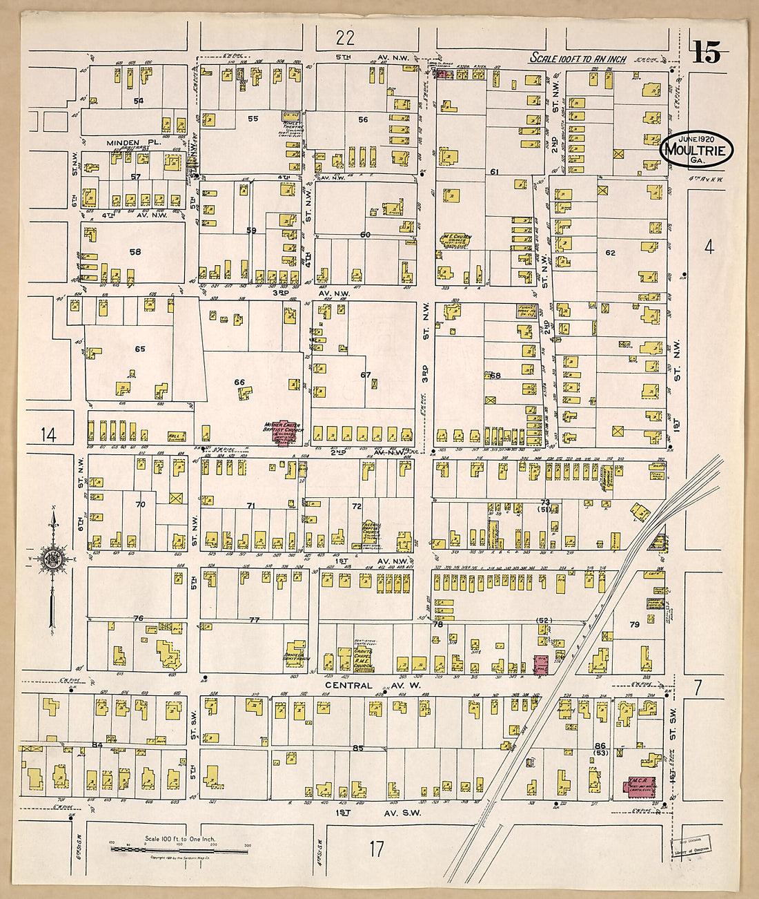 This old map of Moultrie, Colquitt County, Georgia was created by Sanborn Map Company in 1920