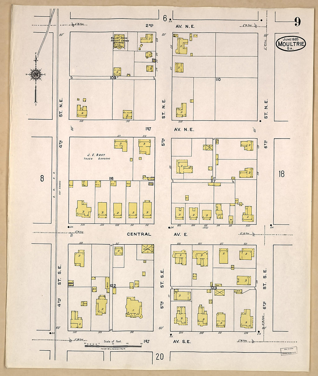 This old map of Moultrie, Colquitt County, Georgia was created by Sanborn Map Company in 1920