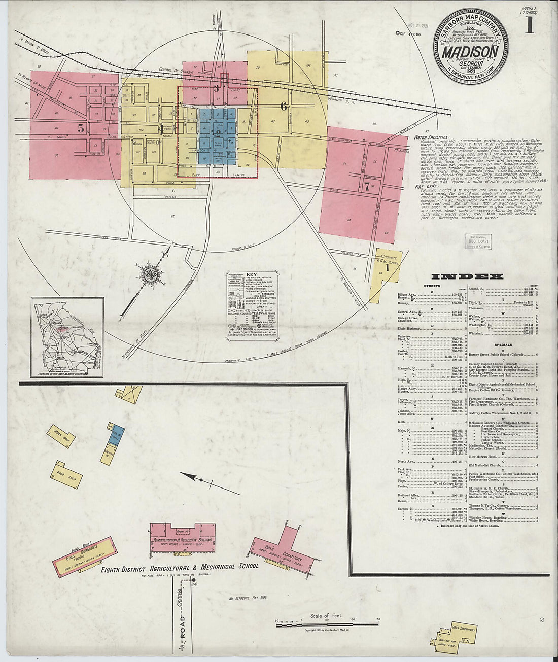 This old map of Madison, Morgan County, Georgia was created by Sanborn Map Company in 1921