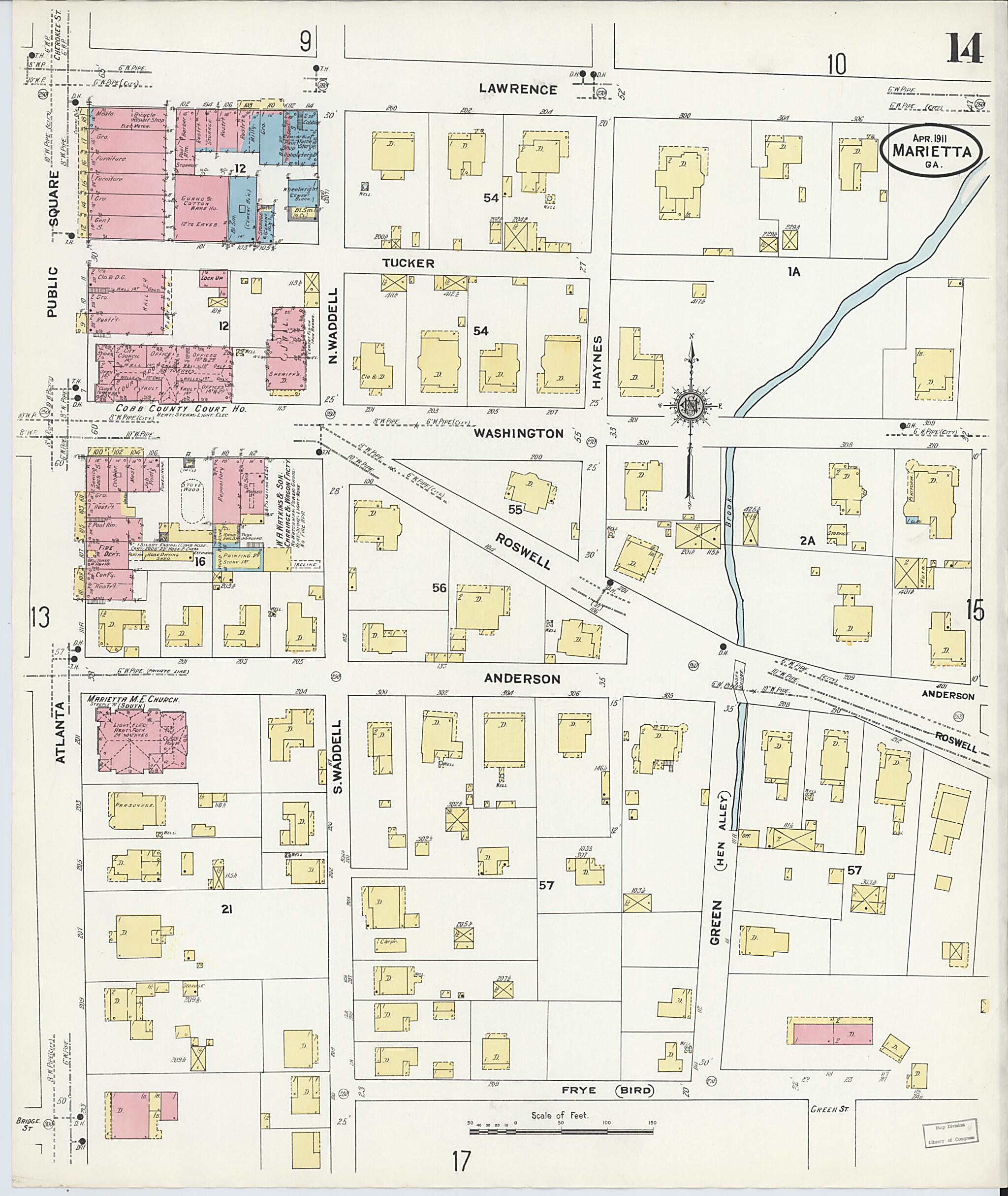 This old map of Marietta, Cobb County, Georgia was created by Sanborn Map Company in 1911