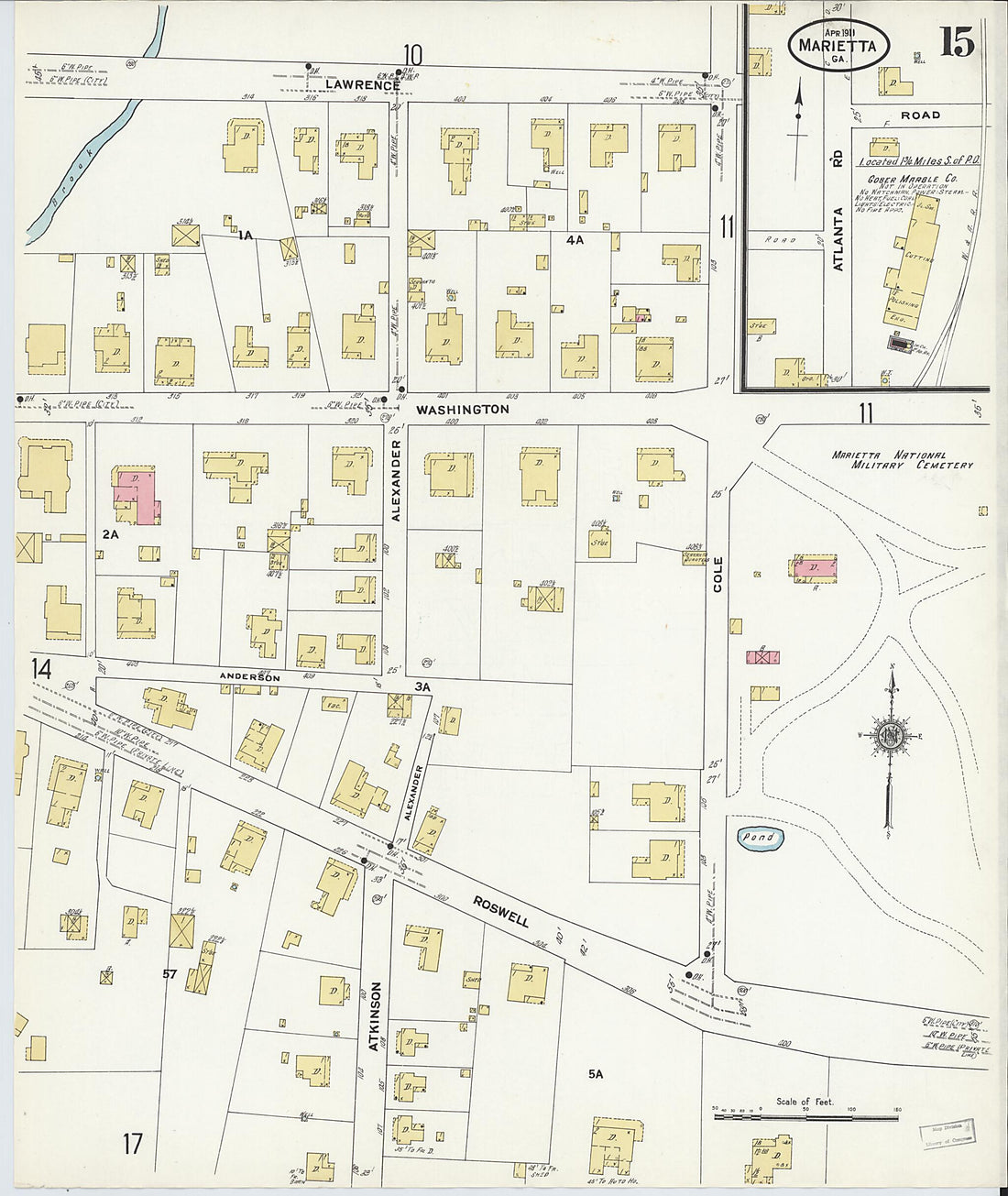 This old map of Marietta, Cobb County, Georgia was created by Sanborn Map Company in 1911