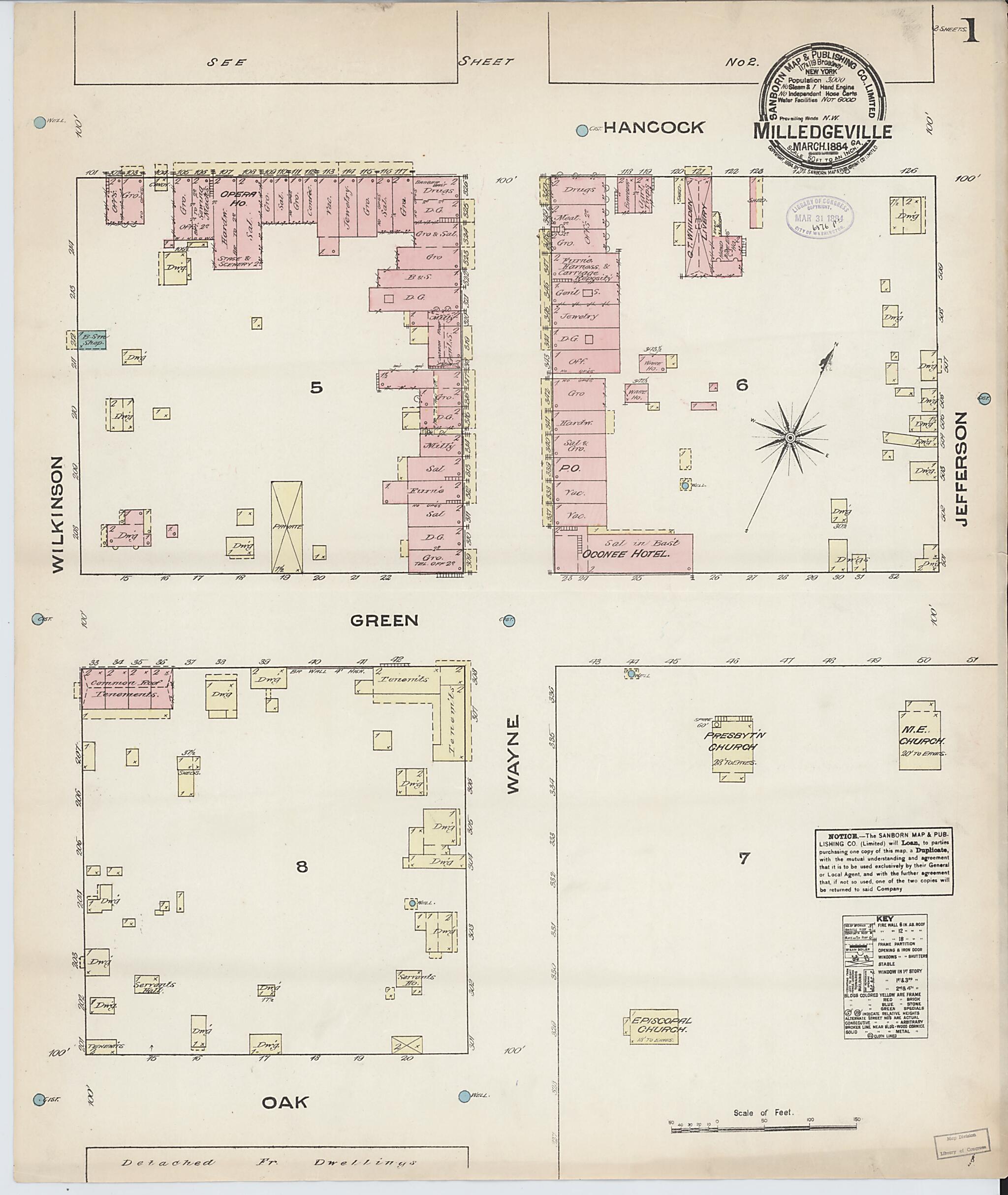 This old map of Milledgeville, Baldwin County, Georgia was created by Sanborn Map Company in 1884