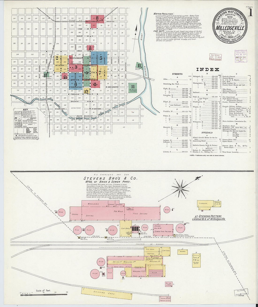 This old map of Milledgeville, Baldwin County, Georgia was created by Sanborn Map Company in 1908