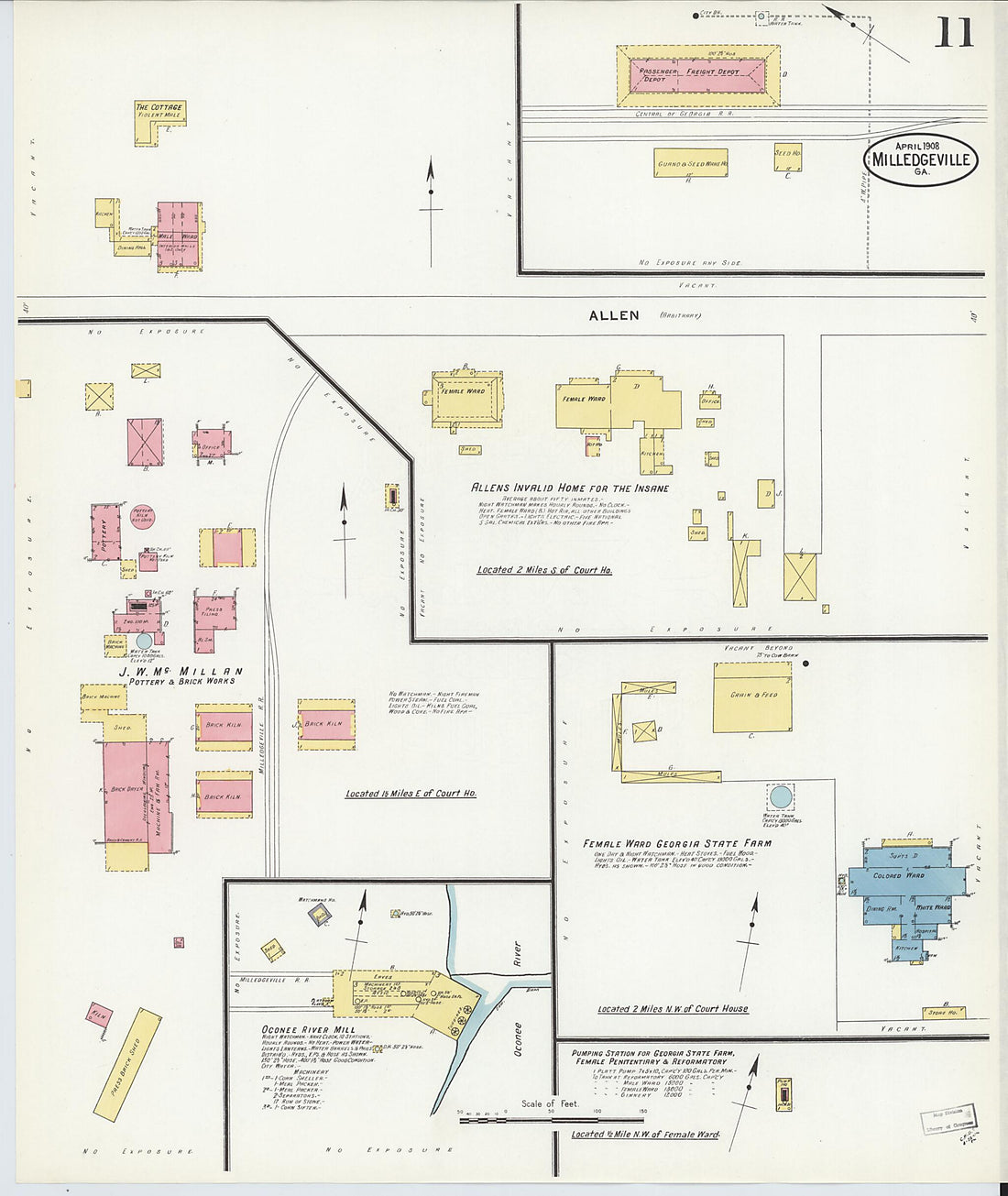 This old map of Milledgeville, Baldwin County, Georgia was created by Sanborn Map Company in 1908