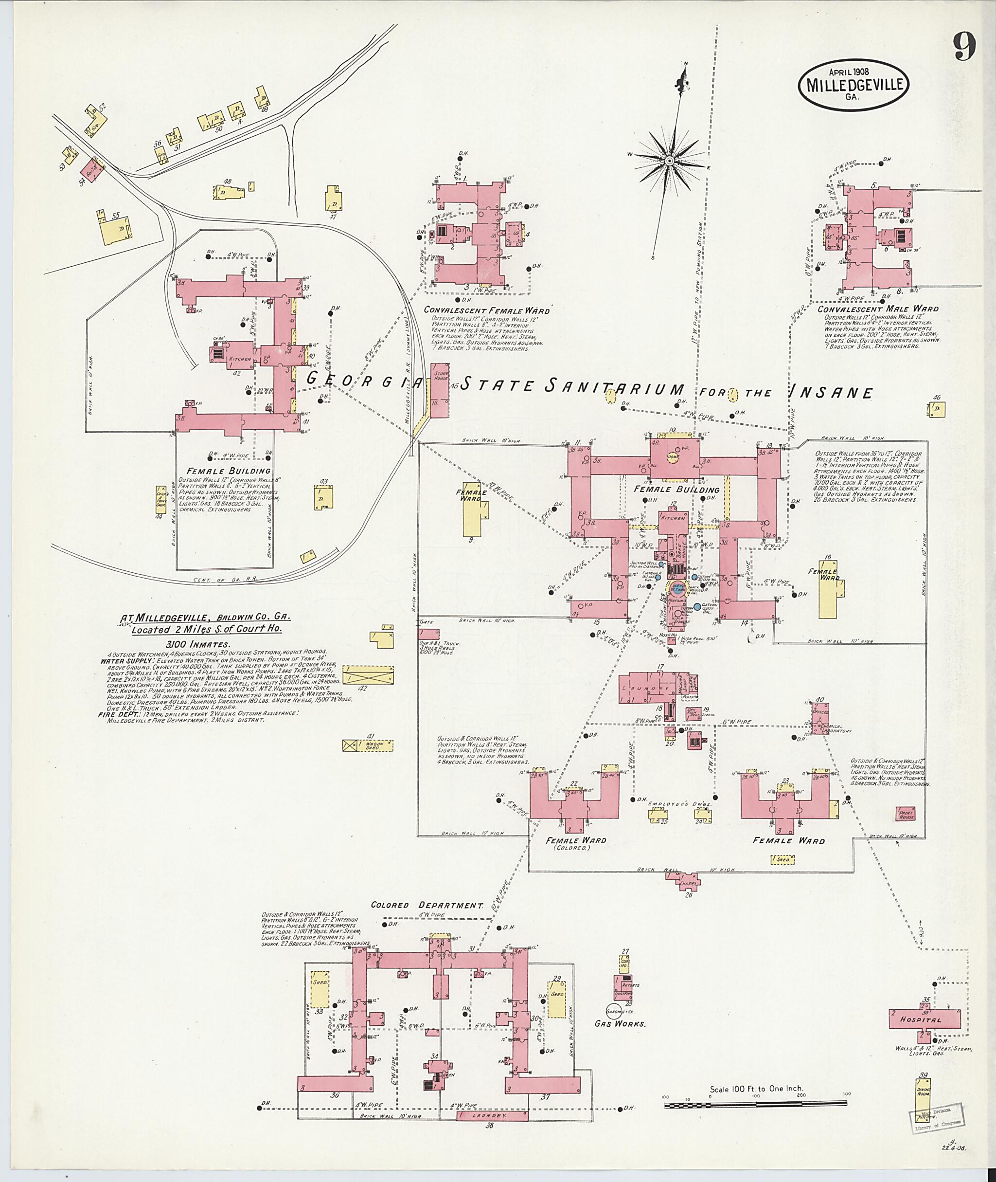 This old map of Milledgeville, Baldwin County, Georgia was created by Sanborn Map Company in 1908
