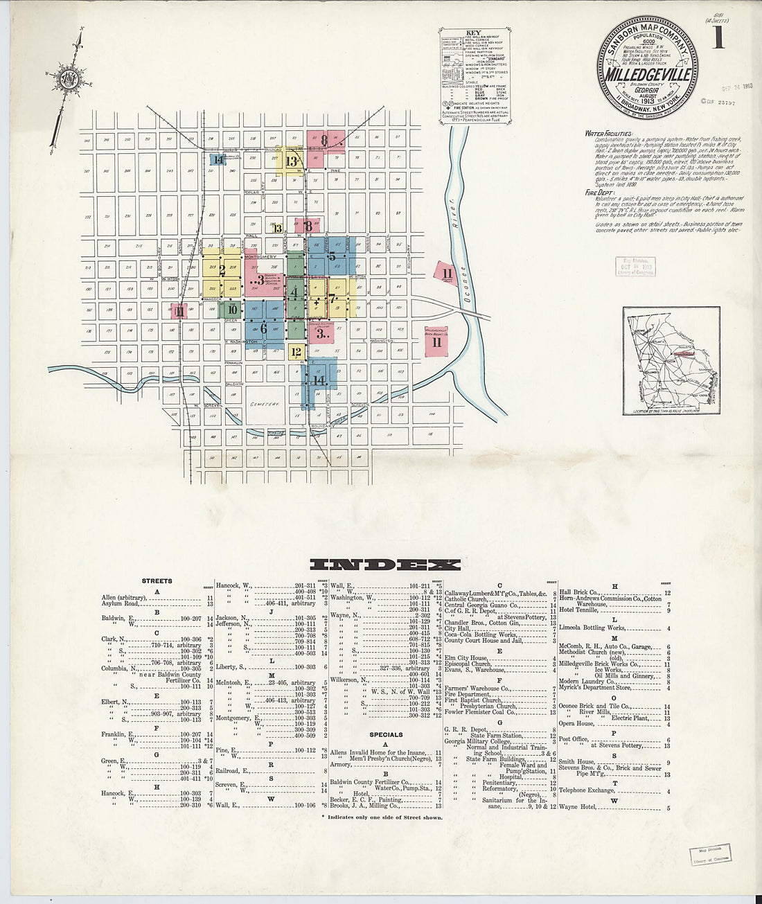 This old map of Milledgeville, Baldwin County, Georgia was created by Sanborn Map Company in 1913
