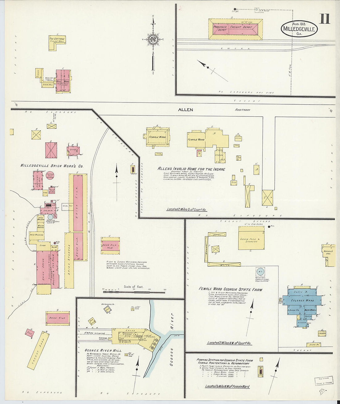 This old map of Milledgeville, Baldwin County, Georgia was created by Sanborn Map Company in 1913