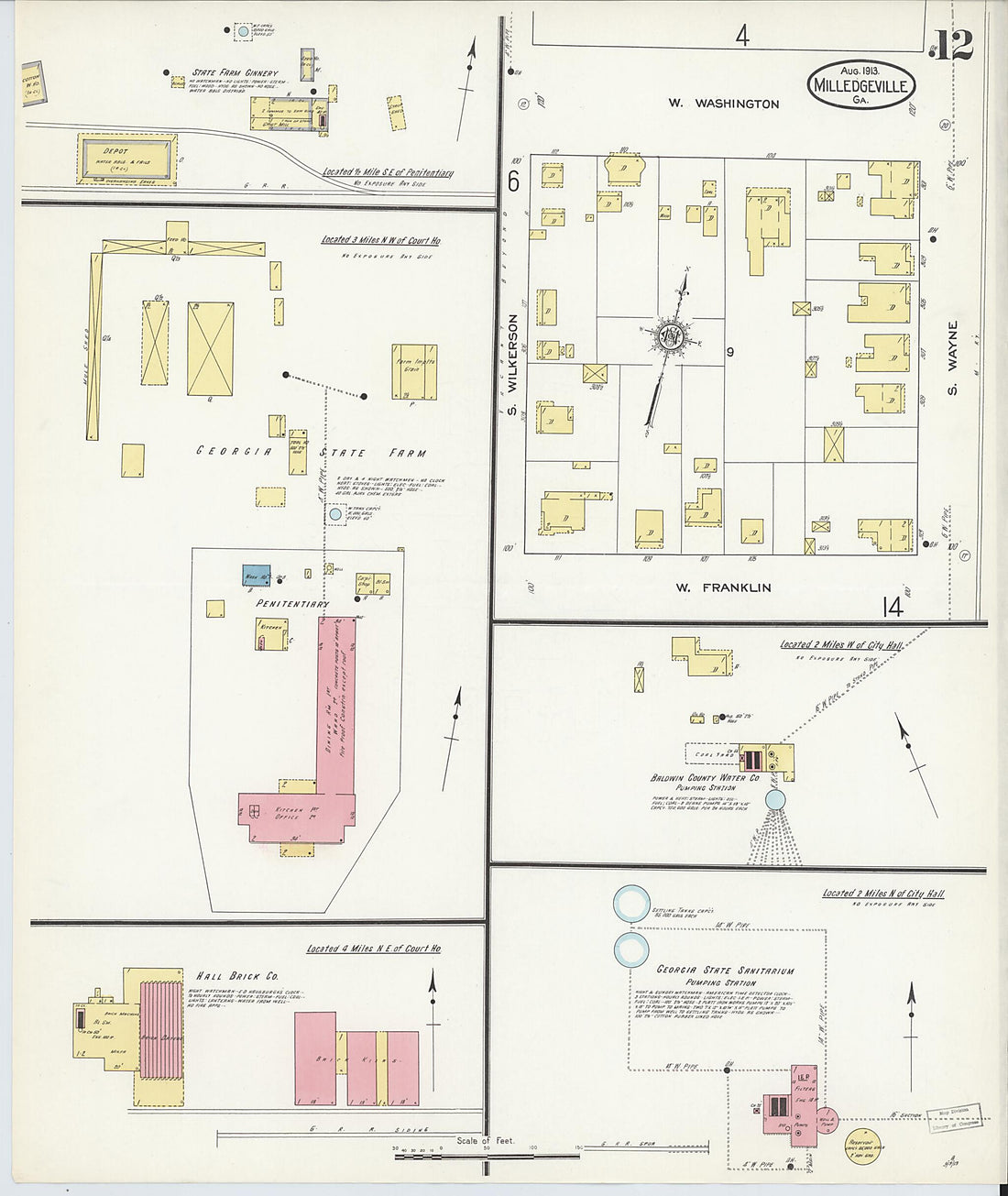 This old map of Milledgeville, Baldwin County, Georgia was created by Sanborn Map Company in 1913