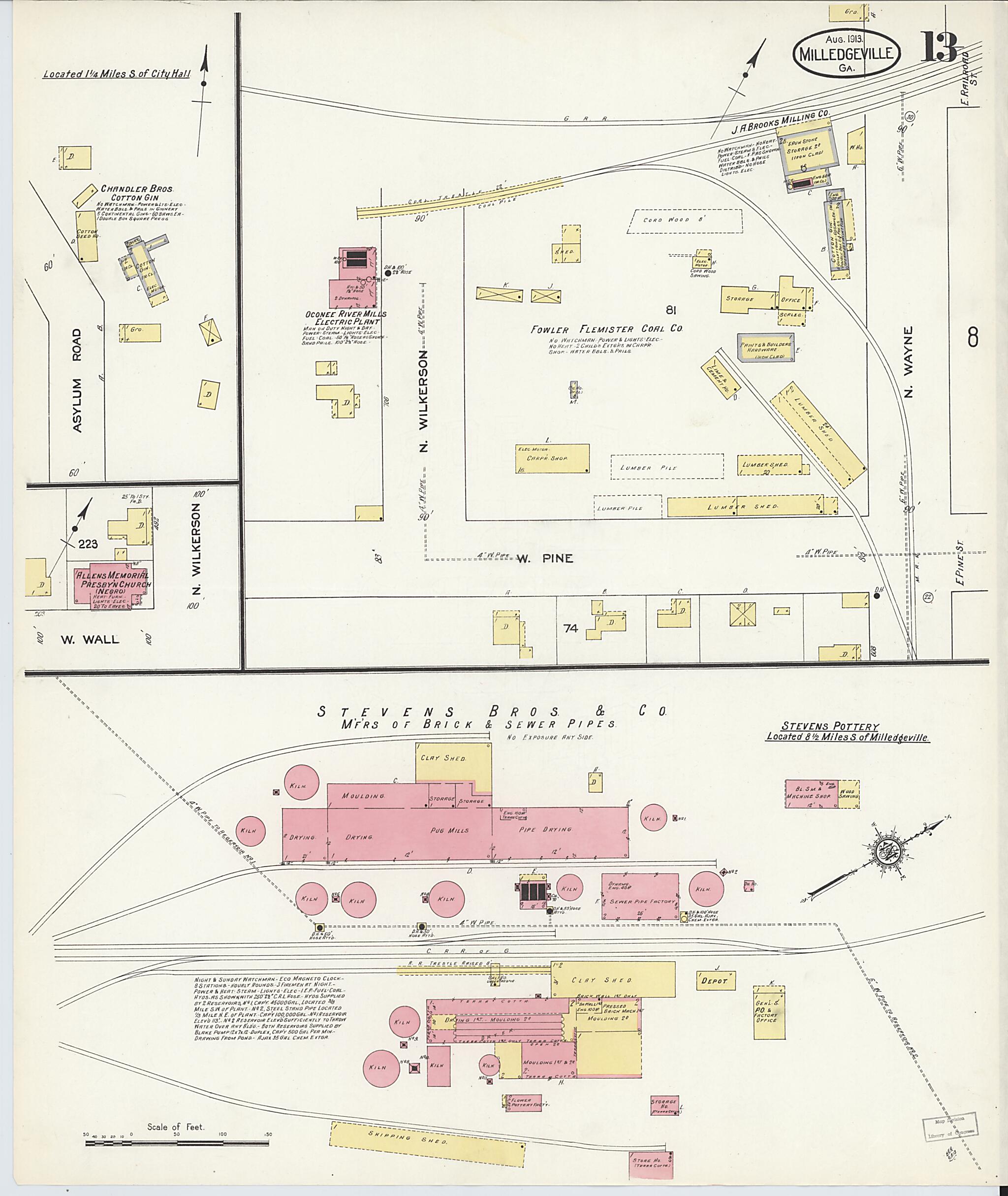 This old map of Milledgeville, Baldwin County, Georgia was created by Sanborn Map Company in 1913