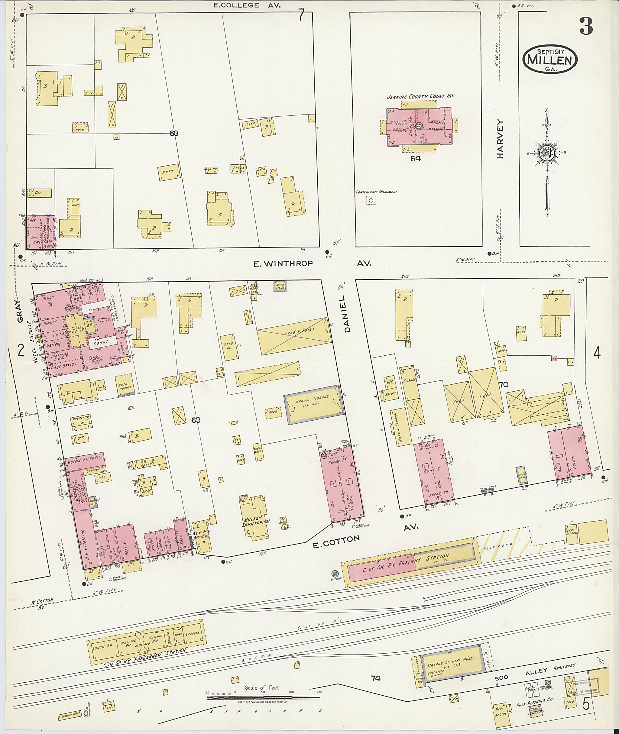 This old map of Millen, Jenkins County, Georgia was created by Sanborn Map Company in 1917
