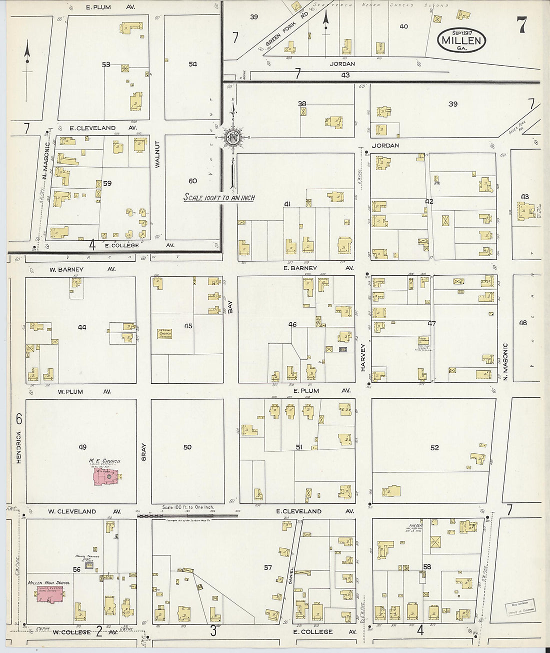This old map of Millen, Jenkins County, Georgia was created by Sanborn Map Company in 1917