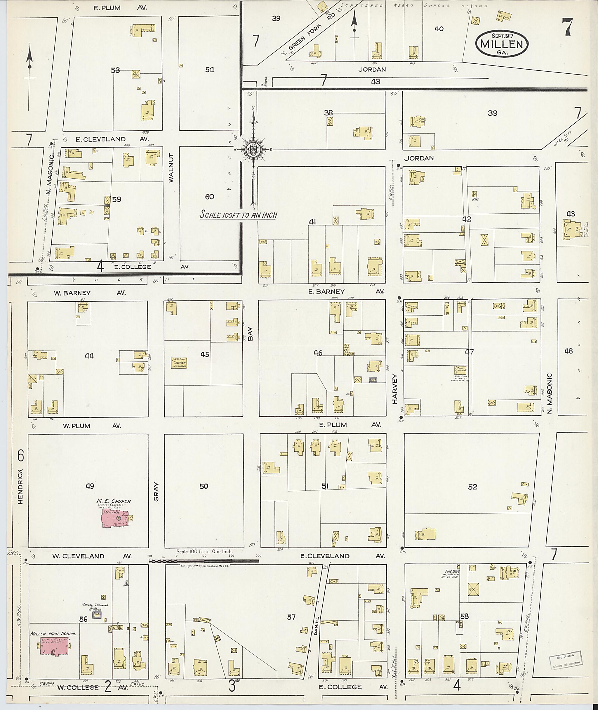 This old map of Millen, Jenkins County, Georgia was created by Sanborn Map Company in 1917