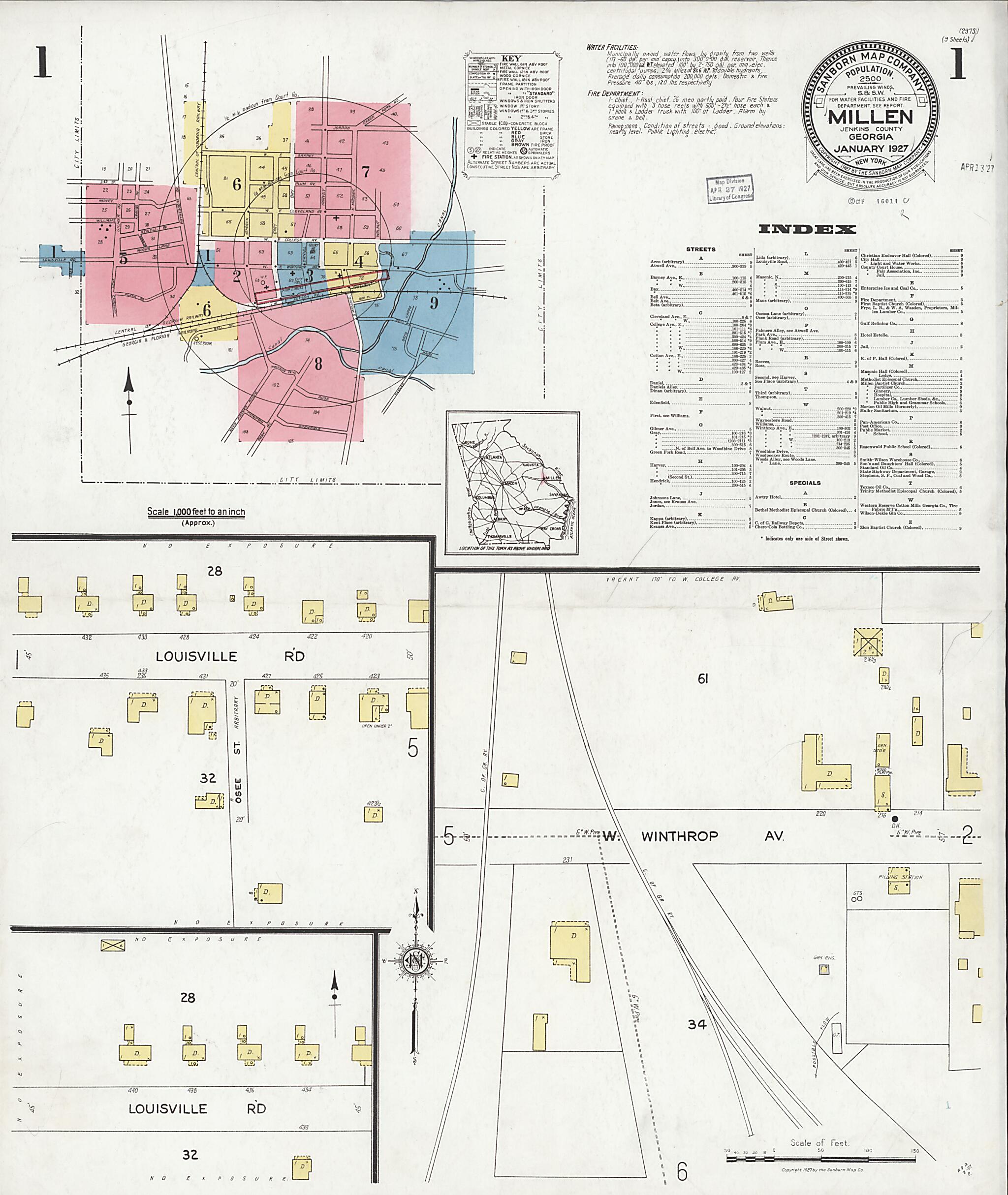 This old map of Millen, Jenkins County, Georgia was created by Sanborn Map Company in 1927