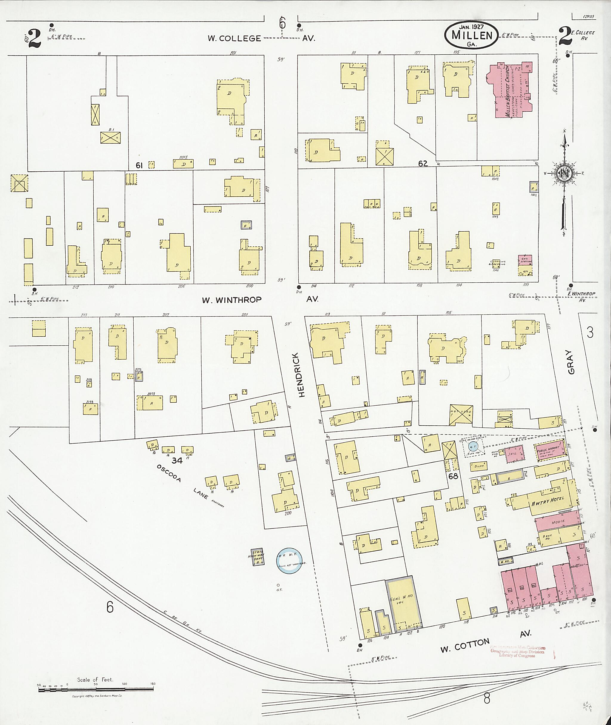 This old map of Millen, Jenkins County, Georgia was created by Sanborn Map Company in 1927