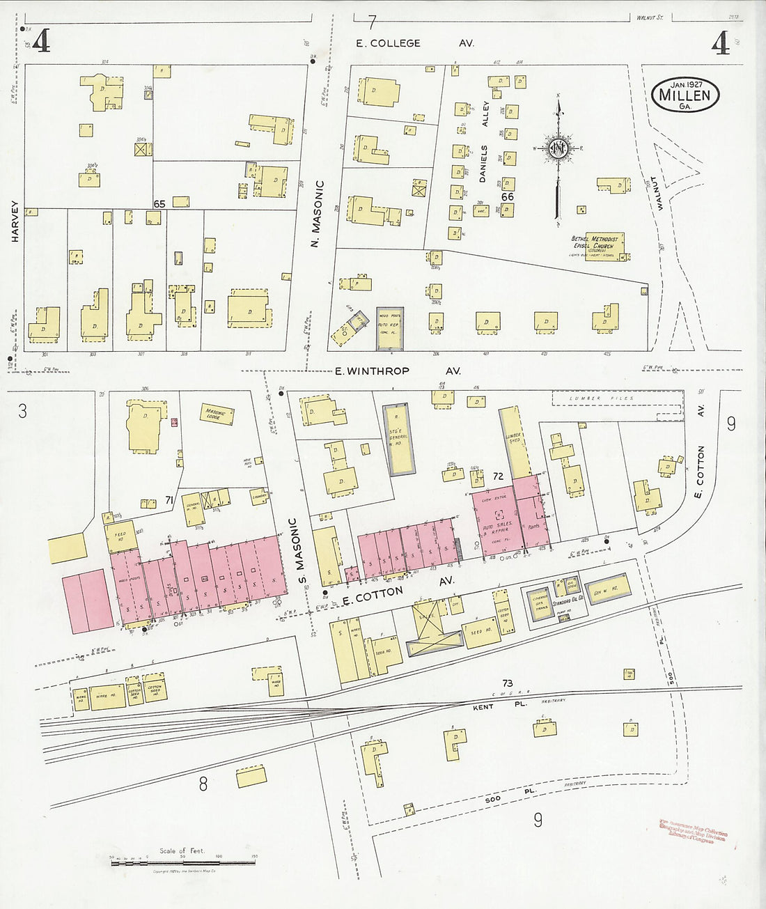 This old map of Millen, Jenkins County, Georgia was created by Sanborn Map Company in 1927