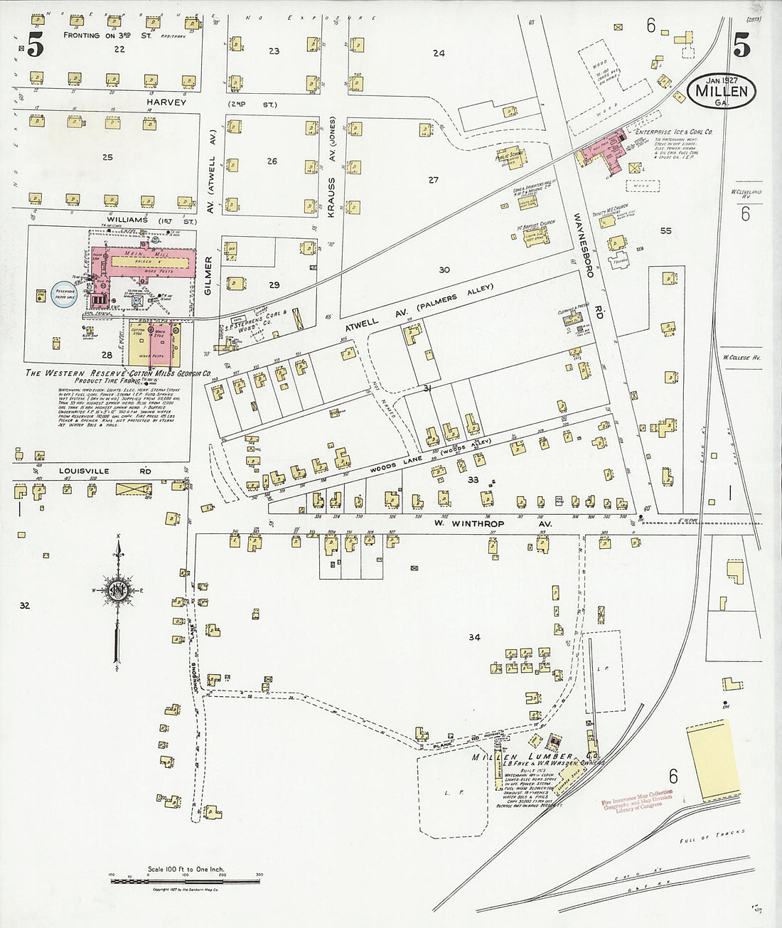 This old map of Millen, Jenkins County, Georgia was created by Sanborn Map Company in 1927
