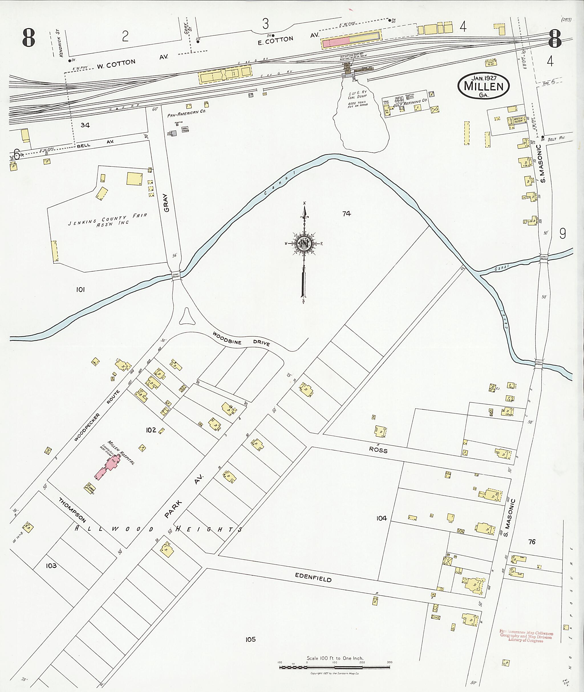 This old map of Millen, Jenkins County, Georgia was created by Sanborn Map Company in 1927