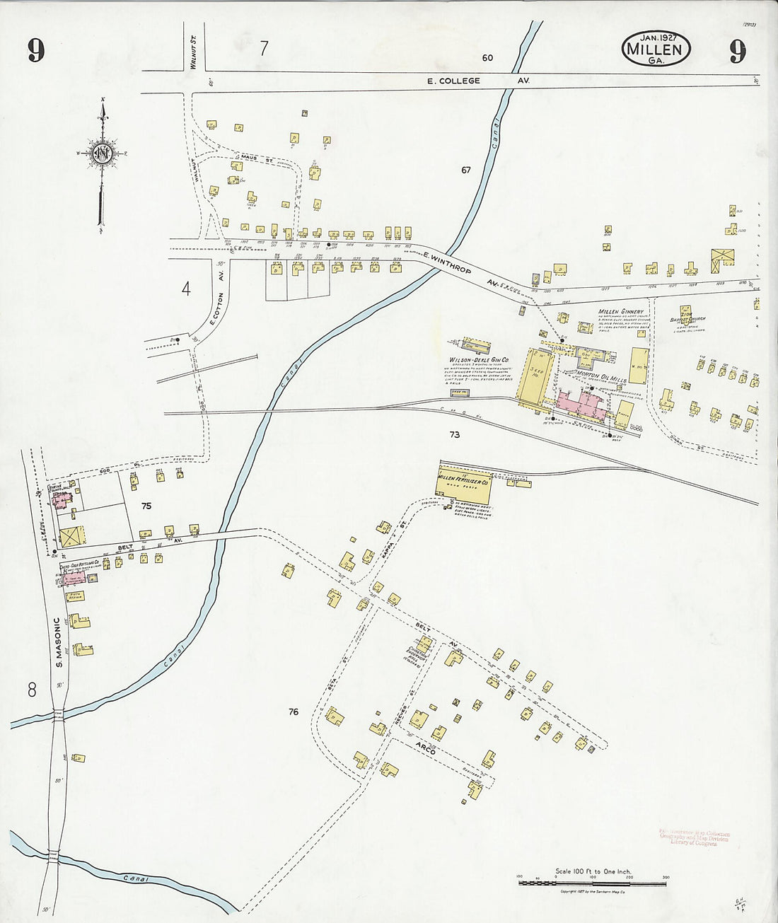This old map of Millen, Jenkins County, Georgia was created by Sanborn Map Company in 1927