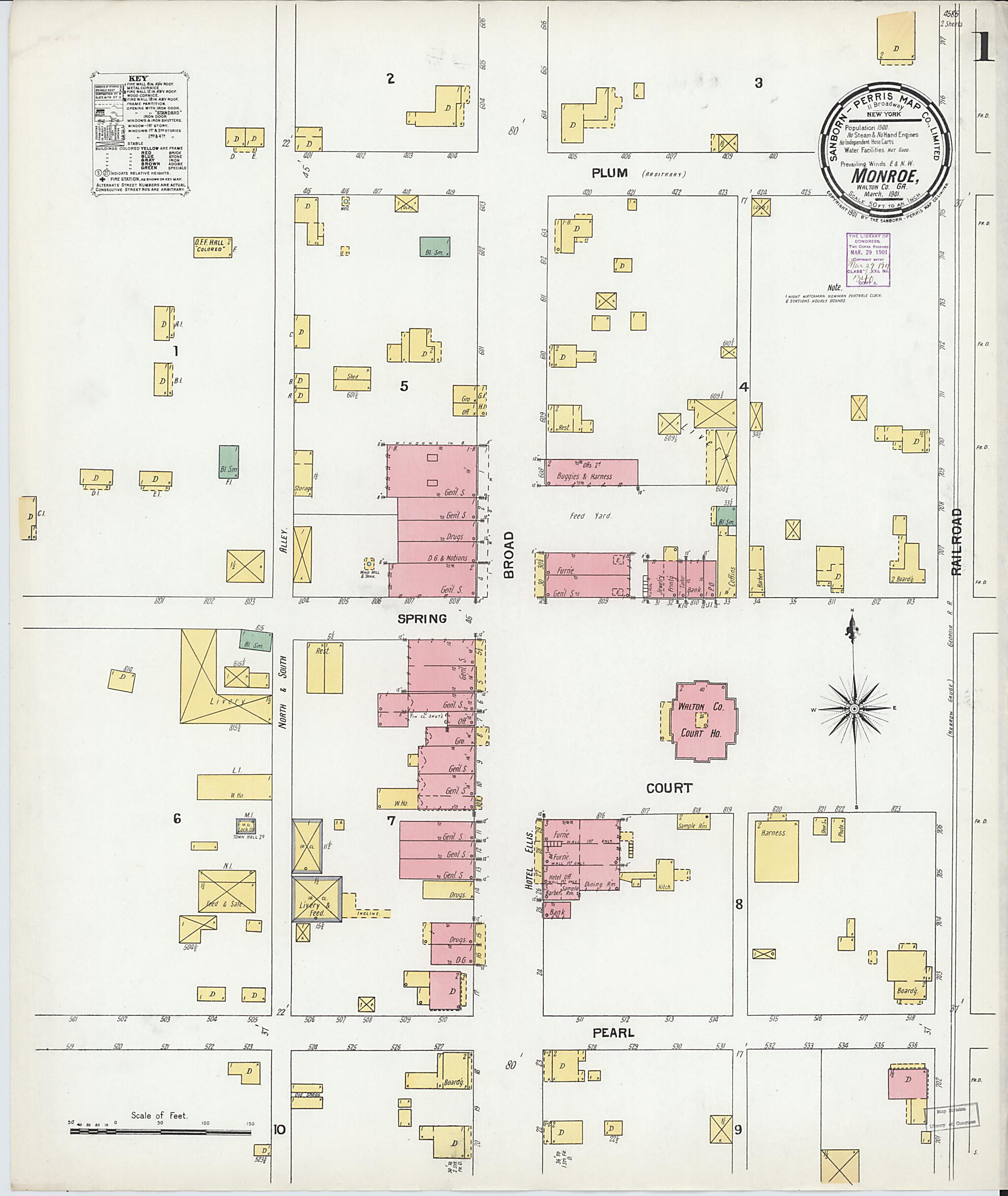 This old map of Monroe, Walton County, Georgia was created by Sanborn Map Company in 1901