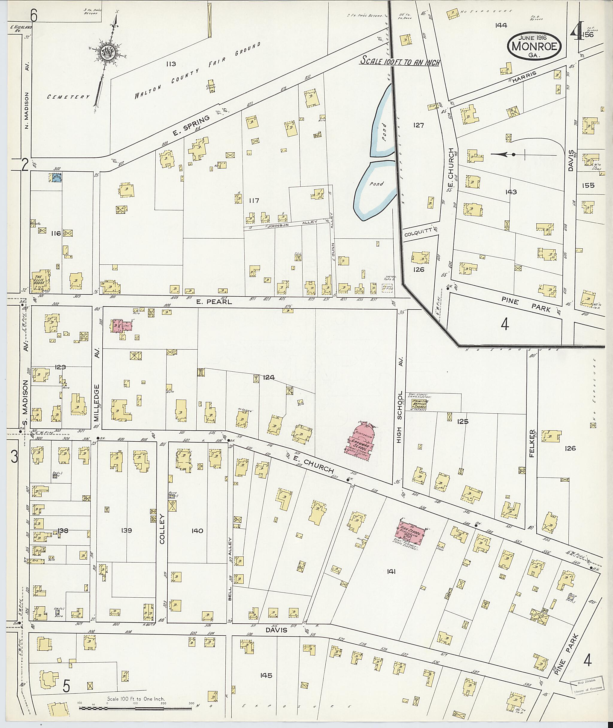 This old map of Monroe, Walton County, Georgia was created by Sanborn Map Company in 1916